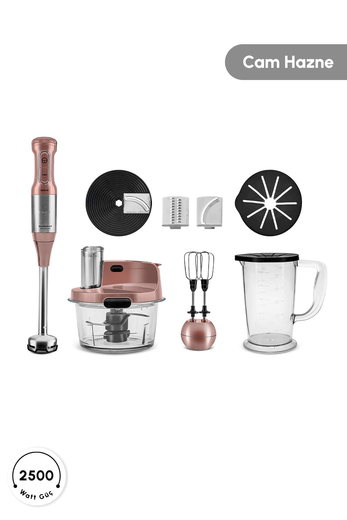 غذاساز شیشهای Karaca Mastermaid Prosteel با پایه بلند گوشتکوب برقی 6 تیغه 2500 W رزگلد غذاساز شیشهای Karaca Mastermaid Prosteel با پایه بلند گوشتکوب برقی 6 تیغه 2500 W رزگلد