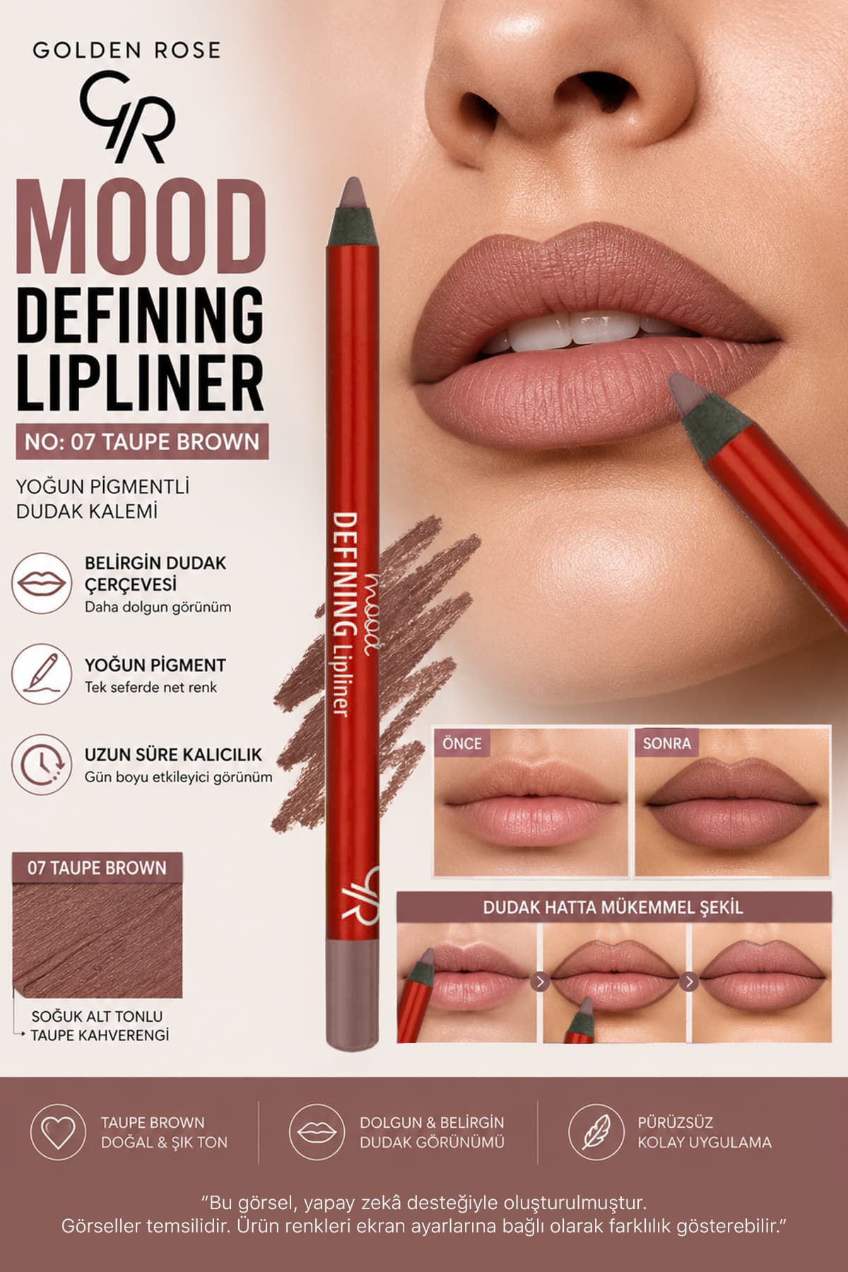 خط لب Golden Rose قهوهای تیره Taupe مدل No:07 خط لب Golden Rose قهوهای تیره Taupe مدل No:07