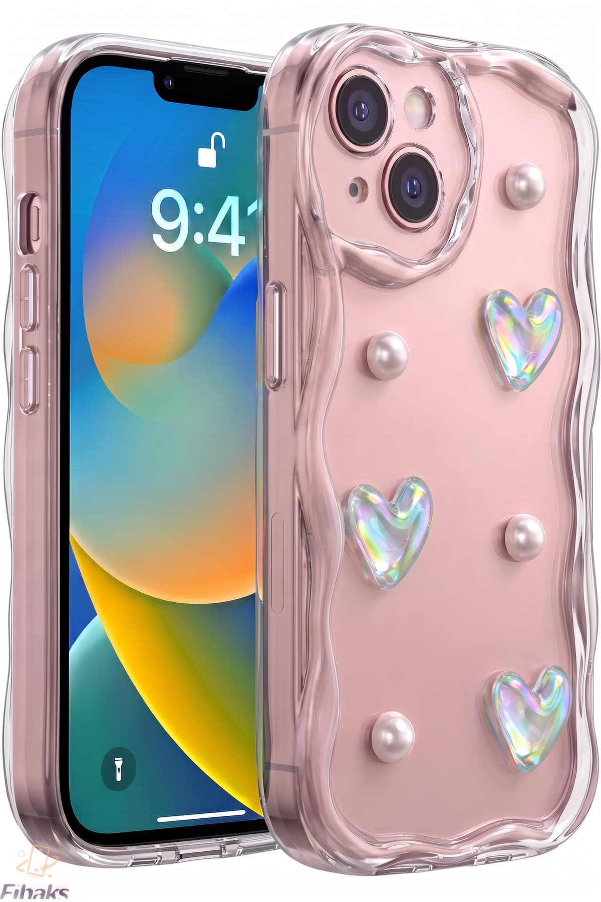 قاب گوشی Fibaks سیلیکونی شفاف طرح قلب و مروارید سه بعدی محافظ دوربین iPhone 13/14 قاب گوشی Fibaks سیلیکونی شفاف طرح قلب و مروارید سه بعدی محافظ دوربین iPhone 13/14
