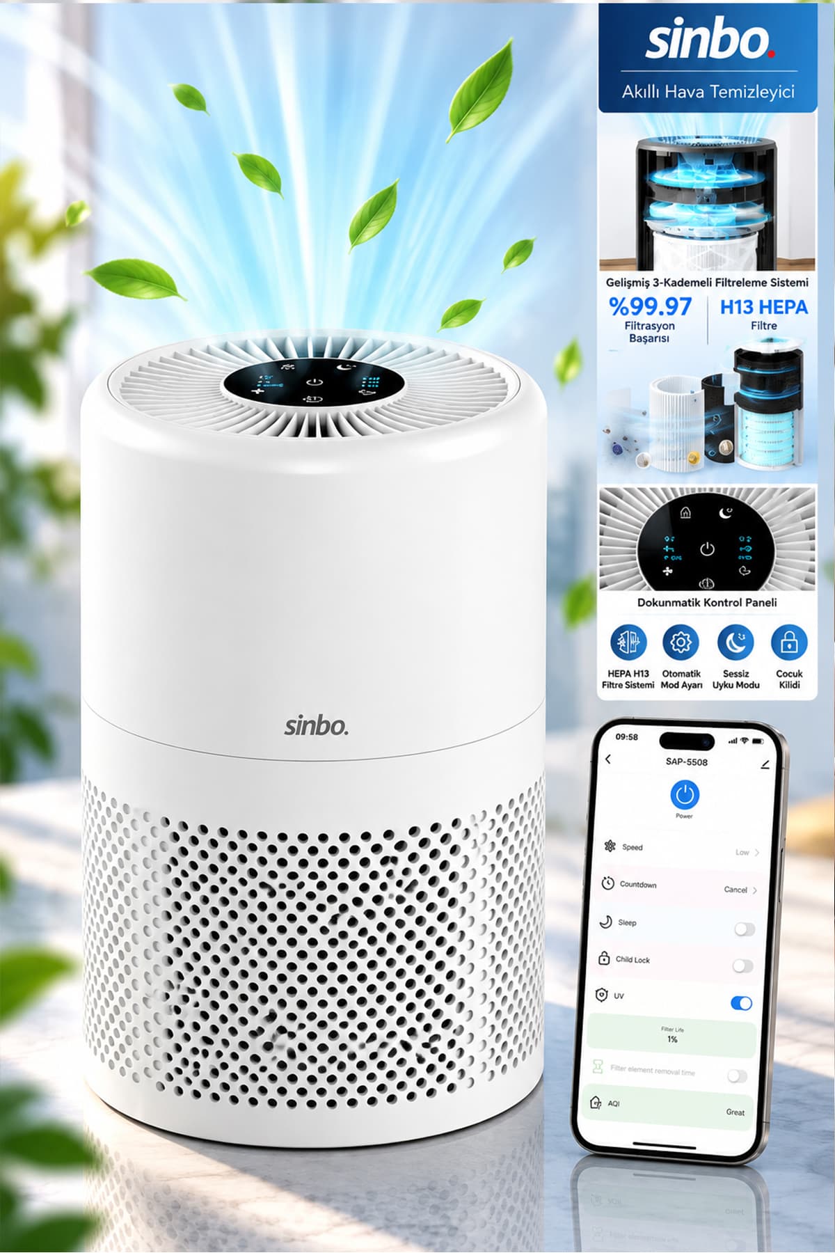 دستگاه تصفیه هوای هوشمند Sinbo با فیلتر H13 HEPA و قابلیت WiFi مدل SAP-5508 دستگاه تصفیه هوای هوشمند Sinbo با فیلتر H13 HEPA و قابلیت WiFi مدل SAP-5508