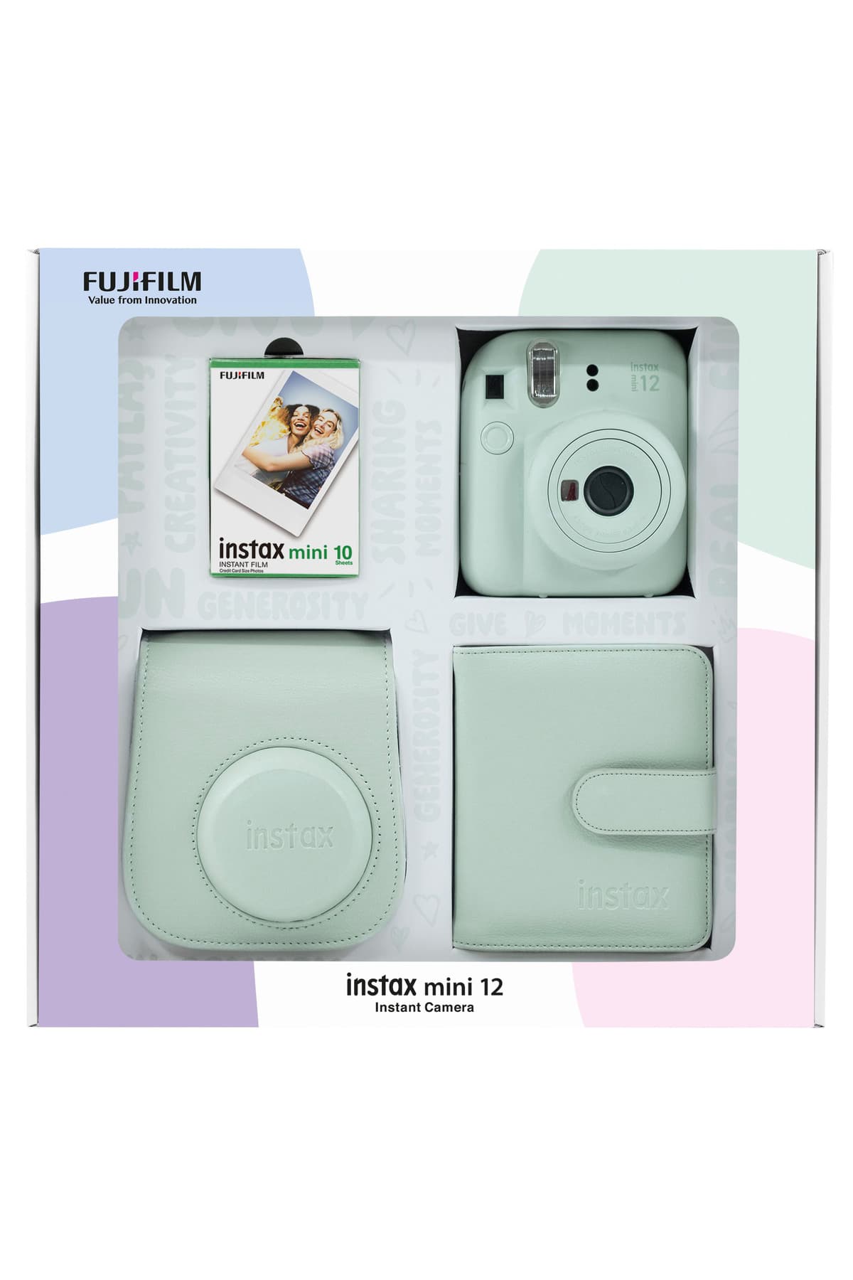 دوربین فوری Fujifilm Instax mini 12 سبز بسته ۱۰ فیلم، آلبوم و کیف چرمی دوربین فوری Fujifilm Instax mini 12 سبز بسته ۱۰ فیلم، آلبوم و کیف چرمی