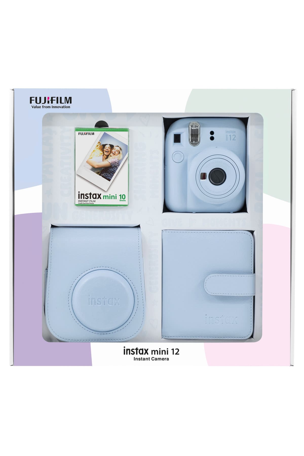 دوربین Fujifilm آبی مدل Instax mini 12 با ۱۰ فیلم، آلبوم مربعی، کیف چرمی دوربین Fujifilm آبی مدل Instax mini 12 با ۱۰ فیلم، آلبوم مربعی، کیف چرمی