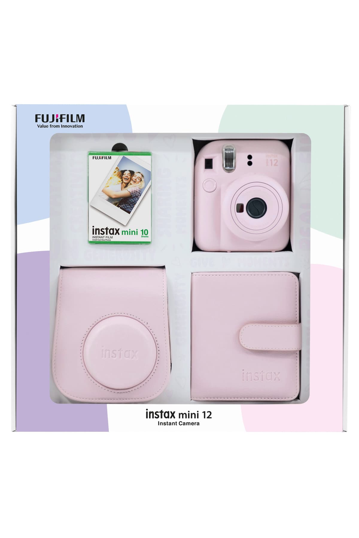دوربین فوری Fujifilm Instax mini 12 صورتی با 10 فیلم، آلبوم مربعی، کیف چرمی دوربین فوری Fujifilm Instax mini 12 صورتی با 10 فیلم، آلبوم مربعی، کیف چرمی