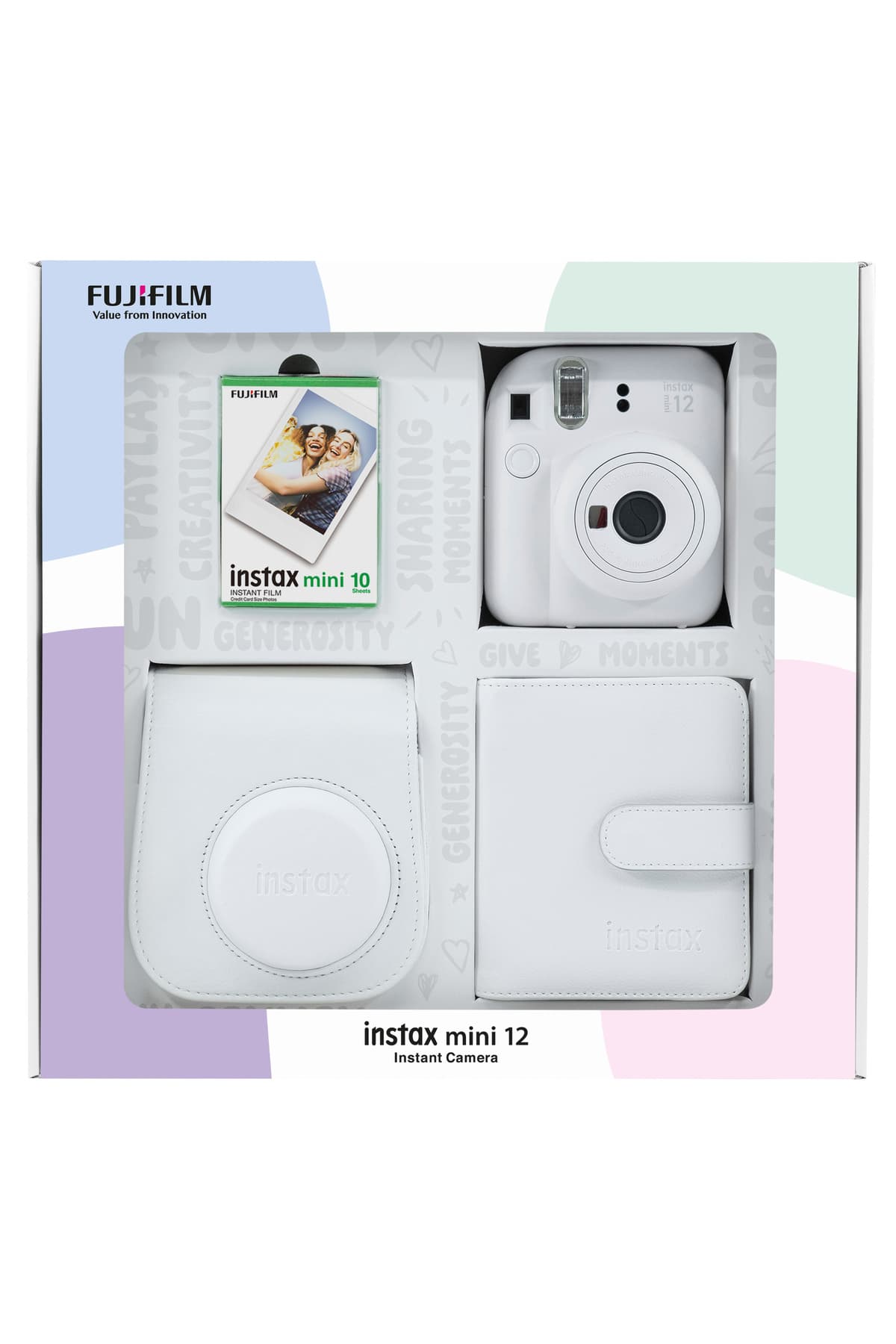 دوربین فوری Fujifilm Instax mini 12 سفید با 10 فیلم، آلبوم و کیف چرمی دوربین فوری Fujifilm Instax mini 12 سفید با 10 فیلم، آلبوم و کیف چرمی