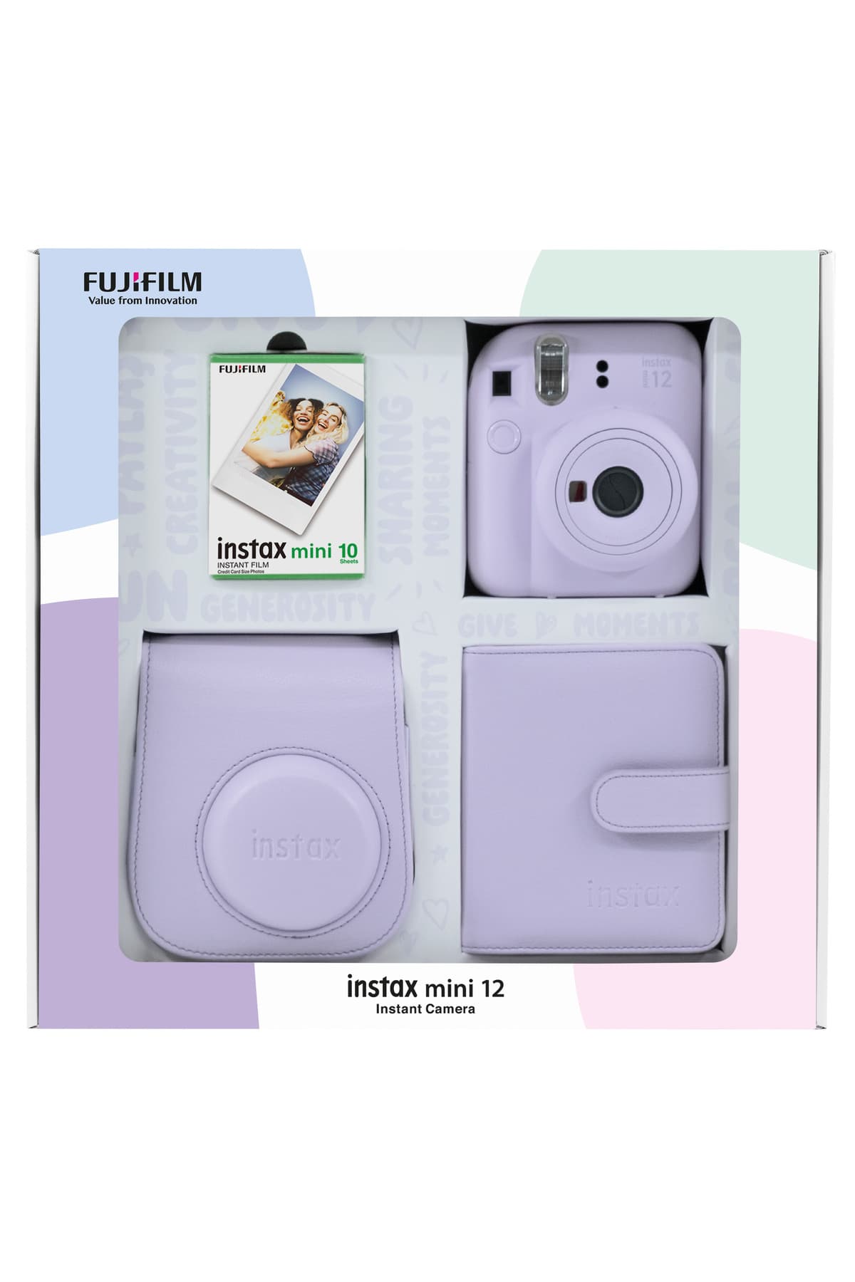 دوربین Fujifilm مدل Instax mini 12 بنفش همراه فیلم، آلبوم مربعی و کیف چرمی دوربین Fujifilm مدل Instax mini 12 بنفش همراه فیلم، آلبوم مربعی و کیف چرمی