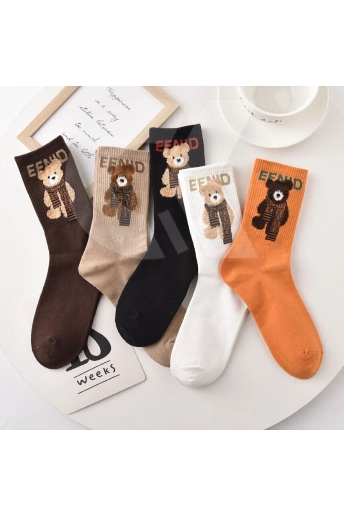 ست جوراب زنانه Çorap Kurdu 5'li طرح Teddy Bear رنگی تنیسی ست جوراب زنانه Çorap Kurdu 5'li طرح Teddy Bear رنگی تنیسی