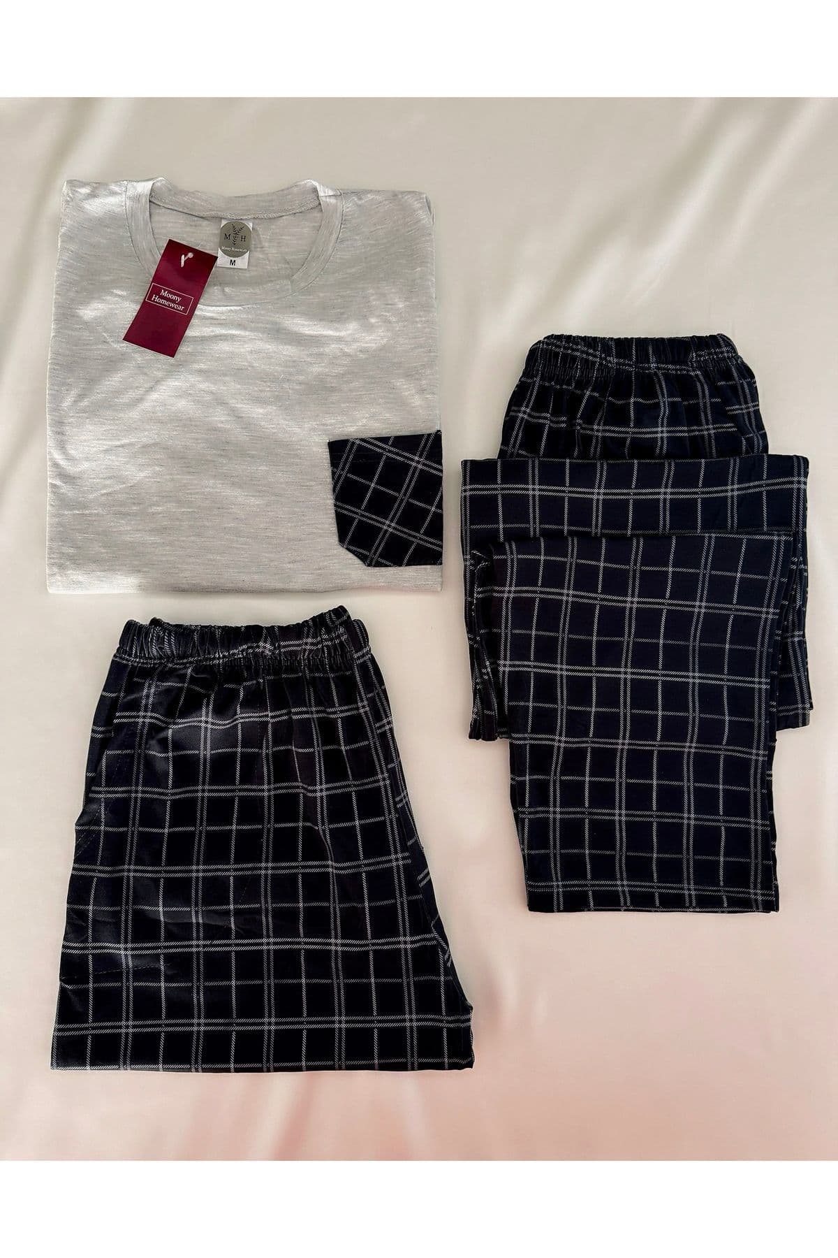 پیژامه مردانه MH Moony Homewears 3 تکه خاکستری چهارخانه با جیب پیژامه مردانه MH Moony Homewears 3 تکه خاکستری چهارخانه با جیب