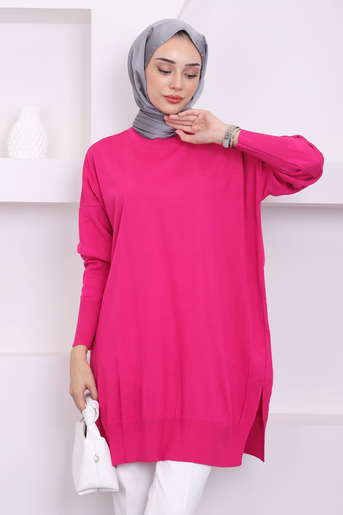 تونیک بافتنی زنانه İmajButik یقه گرد Merserize گشاد فوشیای تیره تونیک بافتنی زنانه İmajButik یقه گرد Merserize گشاد فوشیای تیره