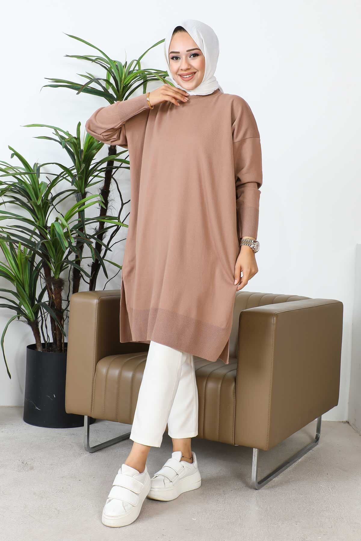 تونیک زنانه İmajButik تریکو قهوهای خاکستری یقه گرد مرسریزه گشاد تونیک زنانه İmajButik تریکو قهوهای خاکستری یقه گرد مرسریزه گشاد