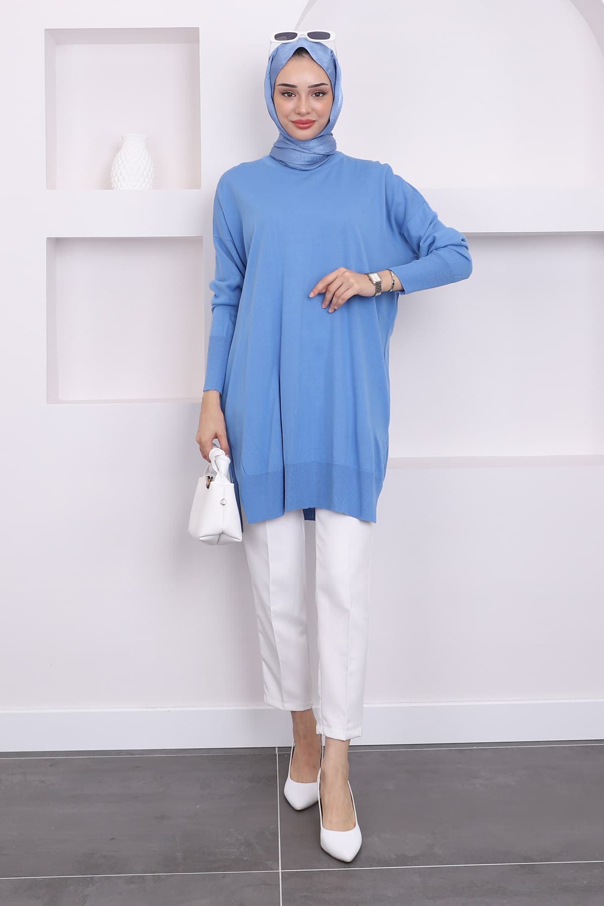 تونیک تریکو زنانه İmajButik یقه گرد merserize نیلی گشاد تونیک تریکو زنانه İmajButik یقه گرد merserize نیلی گشاد