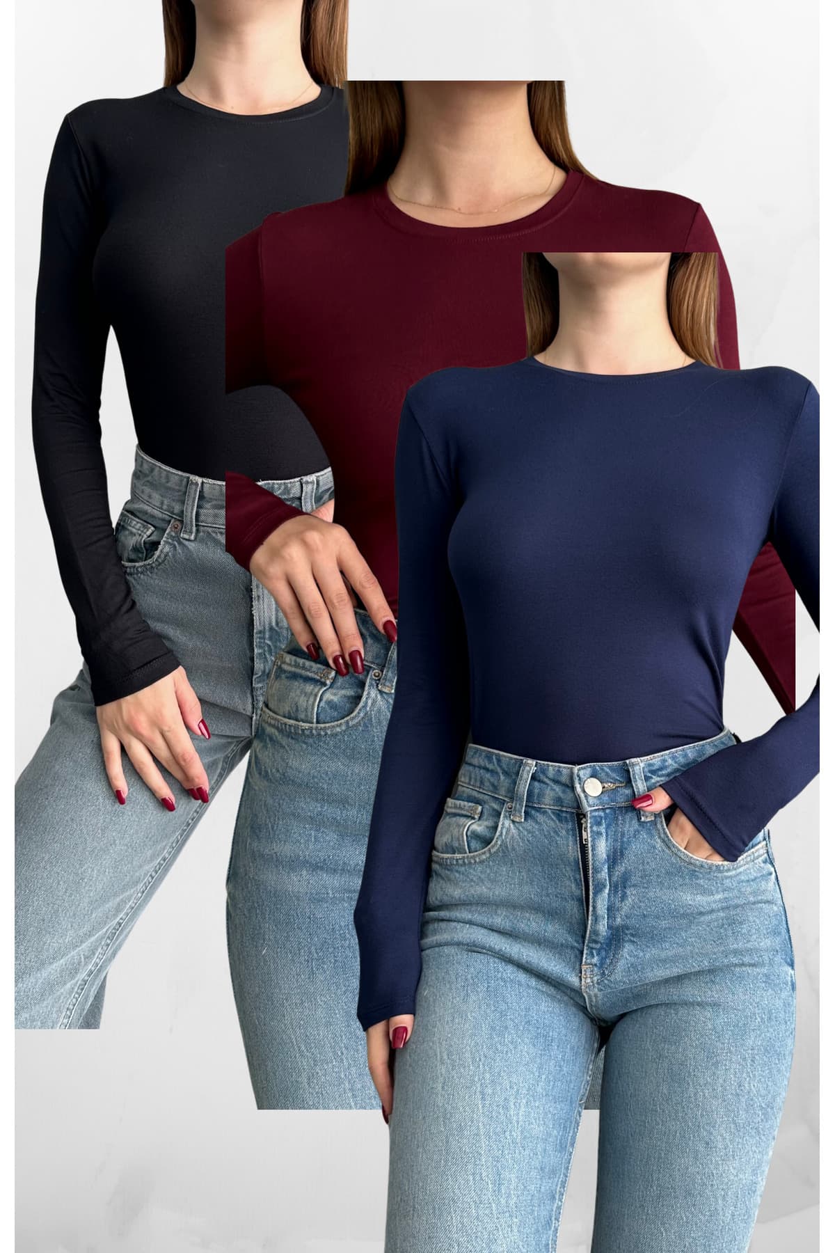بلوز زنانه یقه گرد آستینبلند ساده 3تایی macharel jeans مشکی-زرشکی-سرمهای بلوز زنانه یقه گرد آستینبلند ساده 3تایی macharel jeans مشکی-زرشکی-سرمهای
