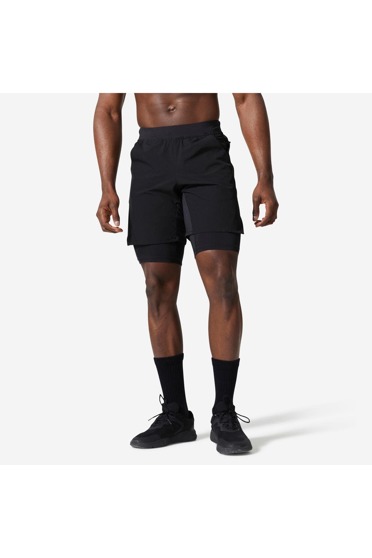 شورت ورزشی مردانه Decathlon Domyos ۲ در ۱ با جیب زیپدار مشکی مدل 500 شورت ورزشی مردانه Decathlon Domyos ۲ در ۱ با جیب زیپدار مشکی مدل 500
