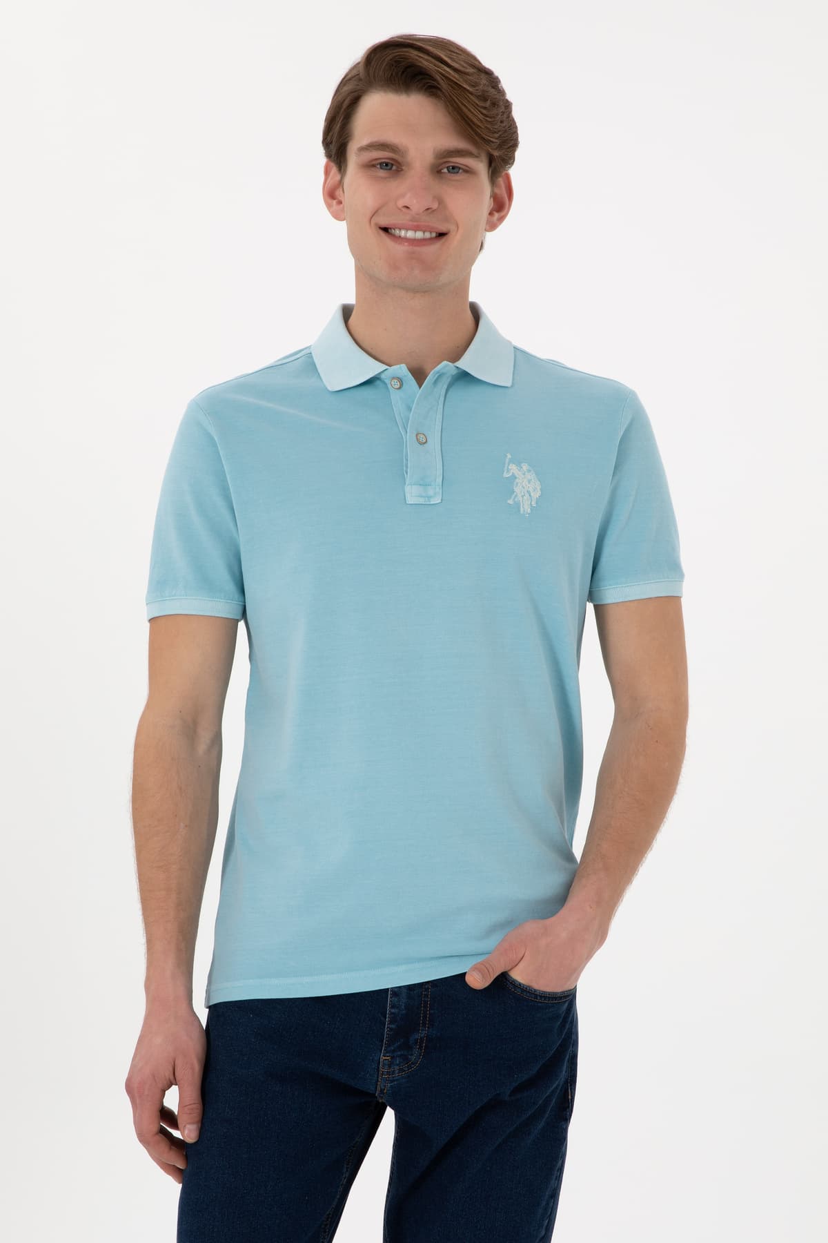 تیشرت مردانه U.S. Polo Assn. اسلیم فیت یقه پولو آبی روشن شستهشده مدل 50305995-VR007 تیشرت مردانه U.S. Polo Assn. اسلیم فیت یقه پولو آبی روشن شستهشده مدل 50305995-VR007