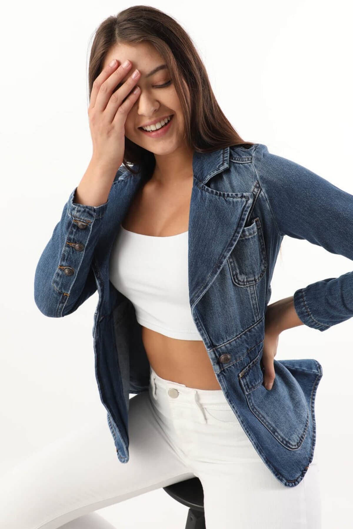 ژاکت جین زنانه BANNY JEANS آستین بلند تک دکمه آبی ژاکت جین زنانه BANNY JEANS آستین بلند تک دکمه آبی