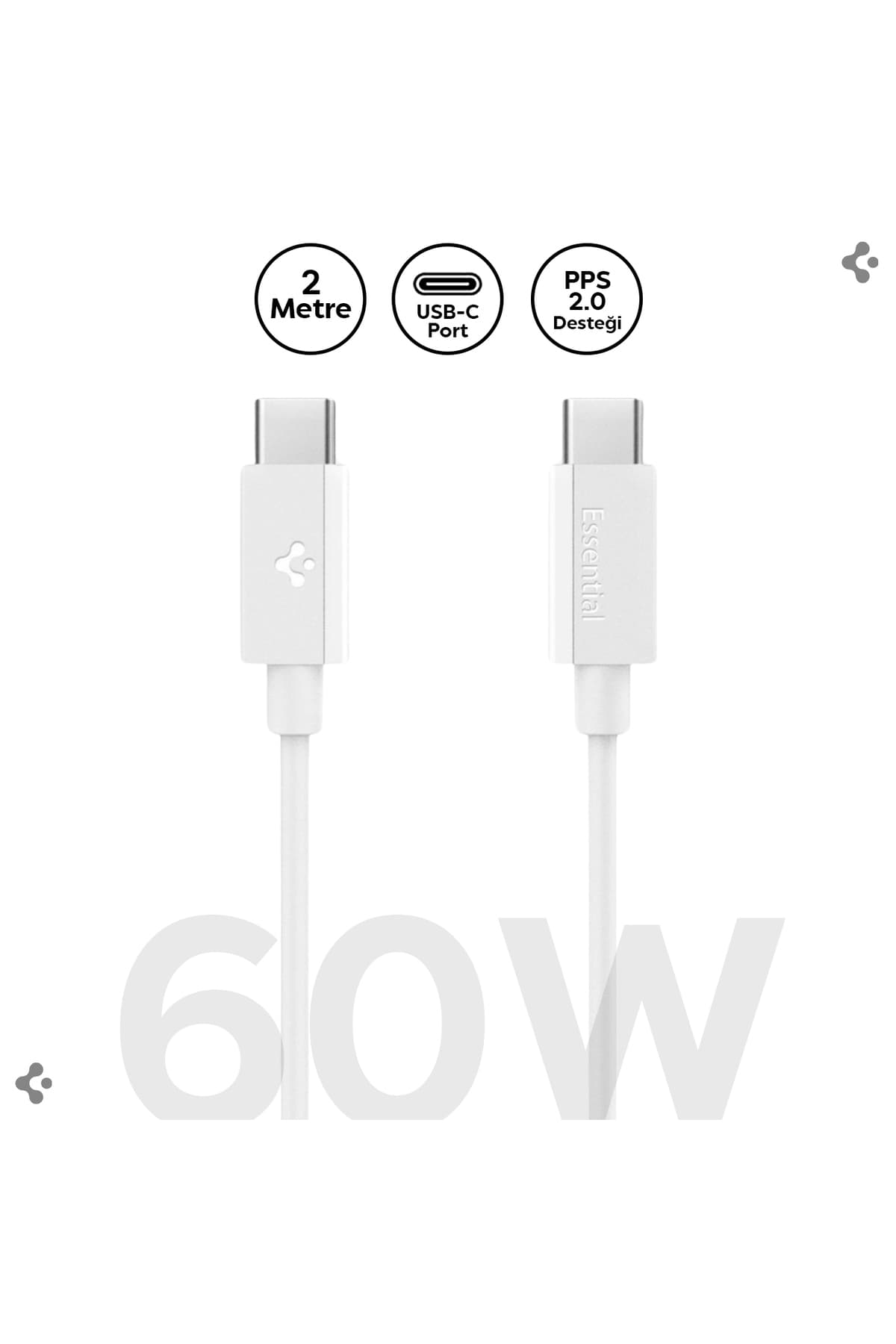کابل USB-C به USB-C Spigen 2 متری 60W سفید مدل ACA08719 کابل USB-C به USB-C Spigen 2 متری 60W سفید مدل ACA08719