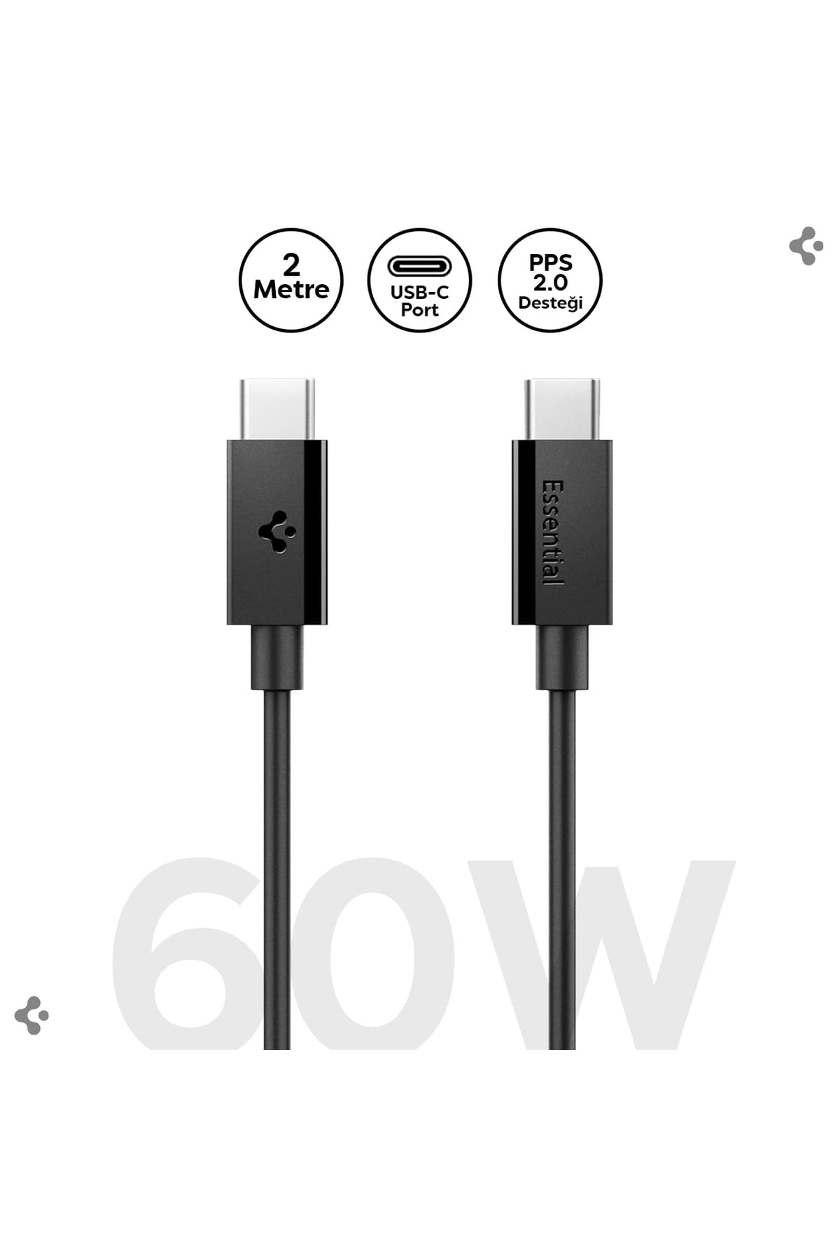 کابل Spigen USB-C به USB-C دو متری 60W مشکی مدل ACA08720 کابل Spigen USB-C به USB-C دو متری 60W مشکی مدل ACA08720