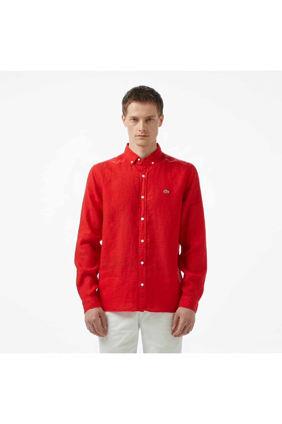 پیراهن مردانه Lacoste کتان قرمز یقه دکمهدار فیت معمولی پیراهن مردانه Lacoste کتان قرمز یقه دکمهدار فیت معمولی