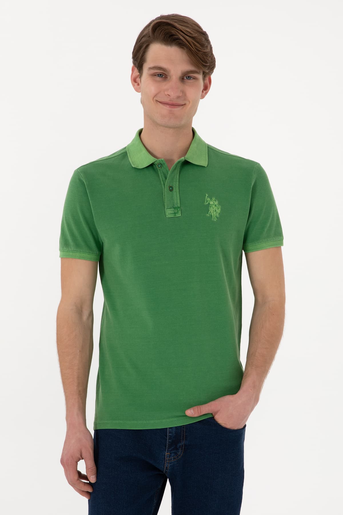 تیشرت مردانه U.S. Polo Assn. اسلیم فیت یقه پولو سبز شستهشده مدل 50305995-VR054 تیشرت مردانه U.S. Polo Assn. اسلیم فیت یقه پولو سبز شستهشده مدل 50305995-VR054