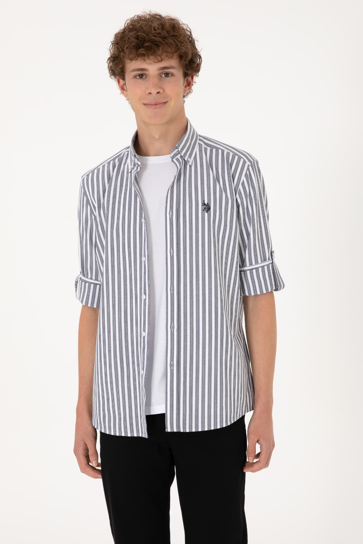 پیراهن مردانه U.S. Polo Assn. راهراه سرمهای و سفید مدل 50306327-VR033 پیراهن مردانه U.S. Polo Assn. راهراه سرمهای و سفید مدل 50306327-VR033
