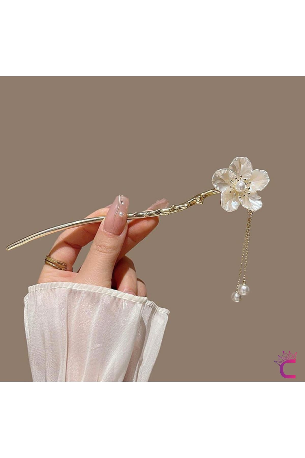گیره موی شینیون Cinderella گلدار سفید دستساز 17cm میله ژاپنی فلزی گیره موی شینیون Cinderella گلدار سفید دستساز 17cm میله ژاپنی فلزی
