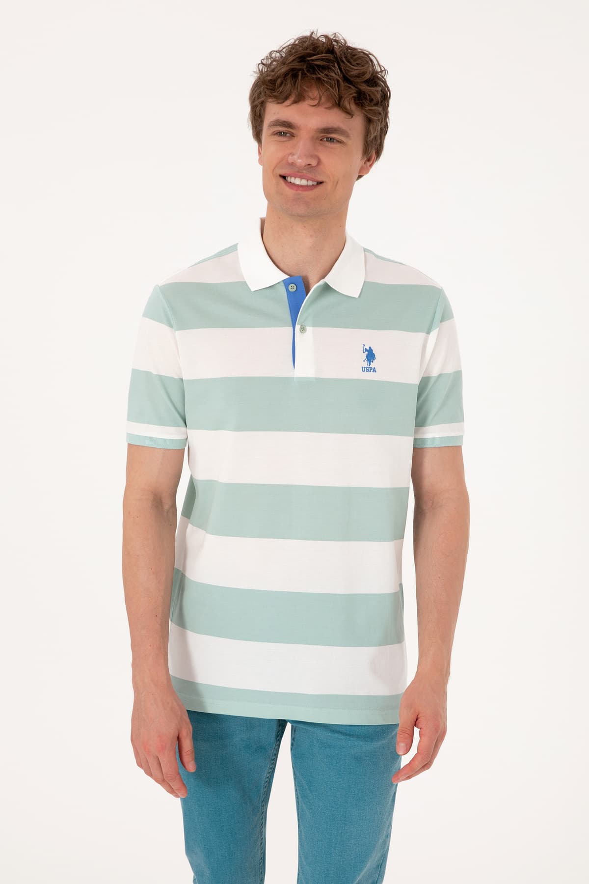 تیشرت مردانه U.S. Polo Assn. فیت معمولی سبز آبی یقه پولو راهراه مدل 50306827-VR048 تیشرت مردانه U.S. Polo Assn. فیت معمولی سبز آبی یقه پولو راهراه مدل 50306827-VR048