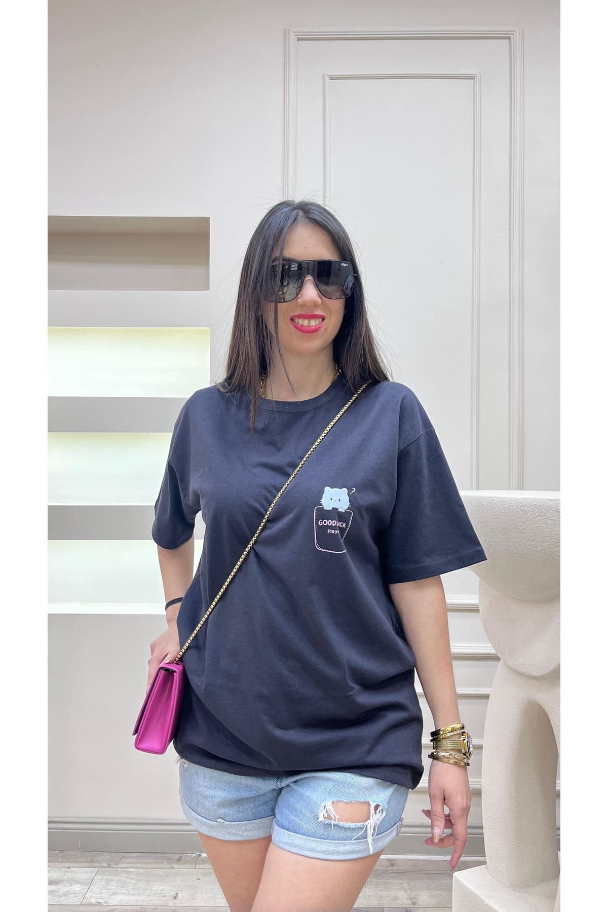 تیشرت زنانه clayes اورسایز چاپدار دودی Good Luck تیشرت زنانه clayes اورسایز چاپدار دودی Good Luck
