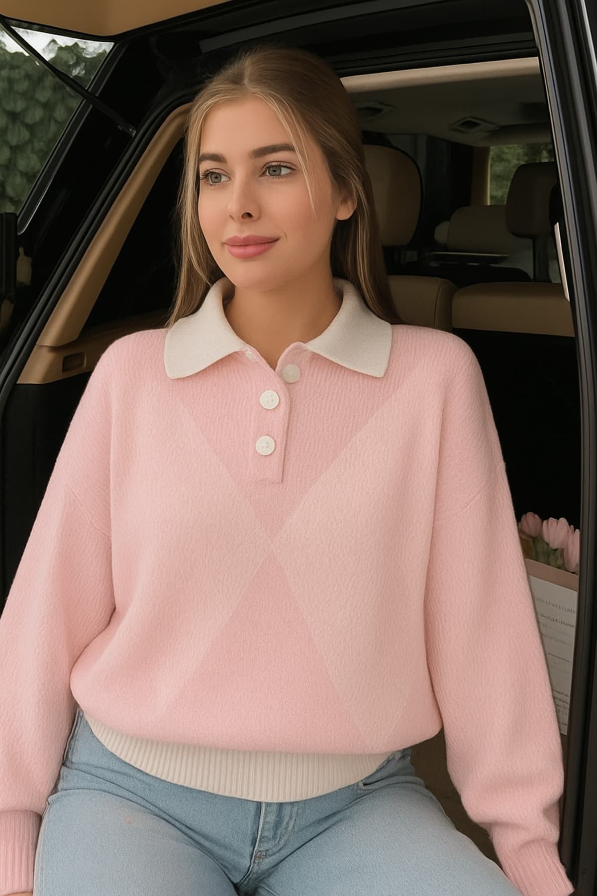 پلیور بافت زنانه FLEX FASHION یقه پولو اورسایز صورتی پلیور بافت زنانه FLEX FASHION یقه پولو اورسایز صورتی