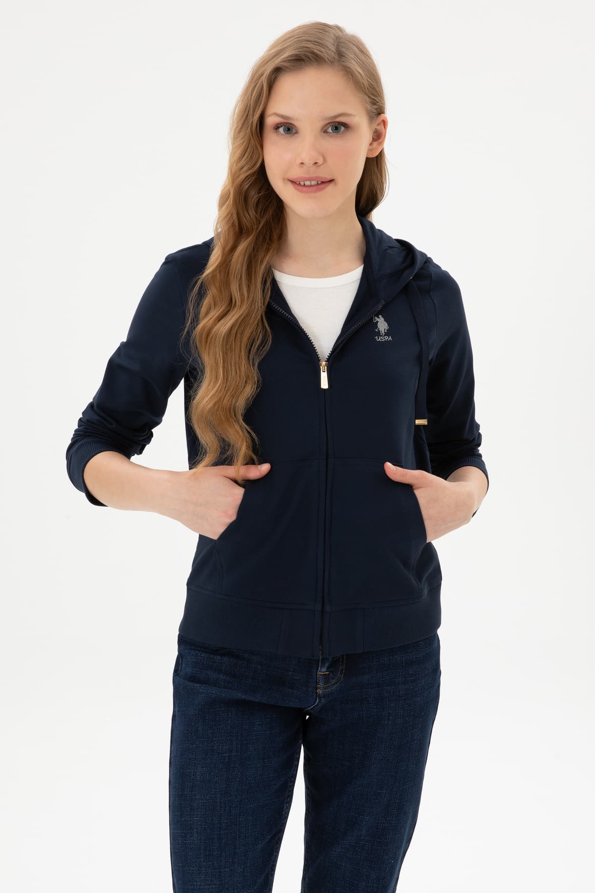 سویشرت زنانه U.S. Polo Assn. زیپدار کلاهدار سرمهای مدل 50313594-VR033 سویشرت زنانه U.S. Polo Assn. زیپدار کلاهدار سرمهای مدل 50313594-VR033