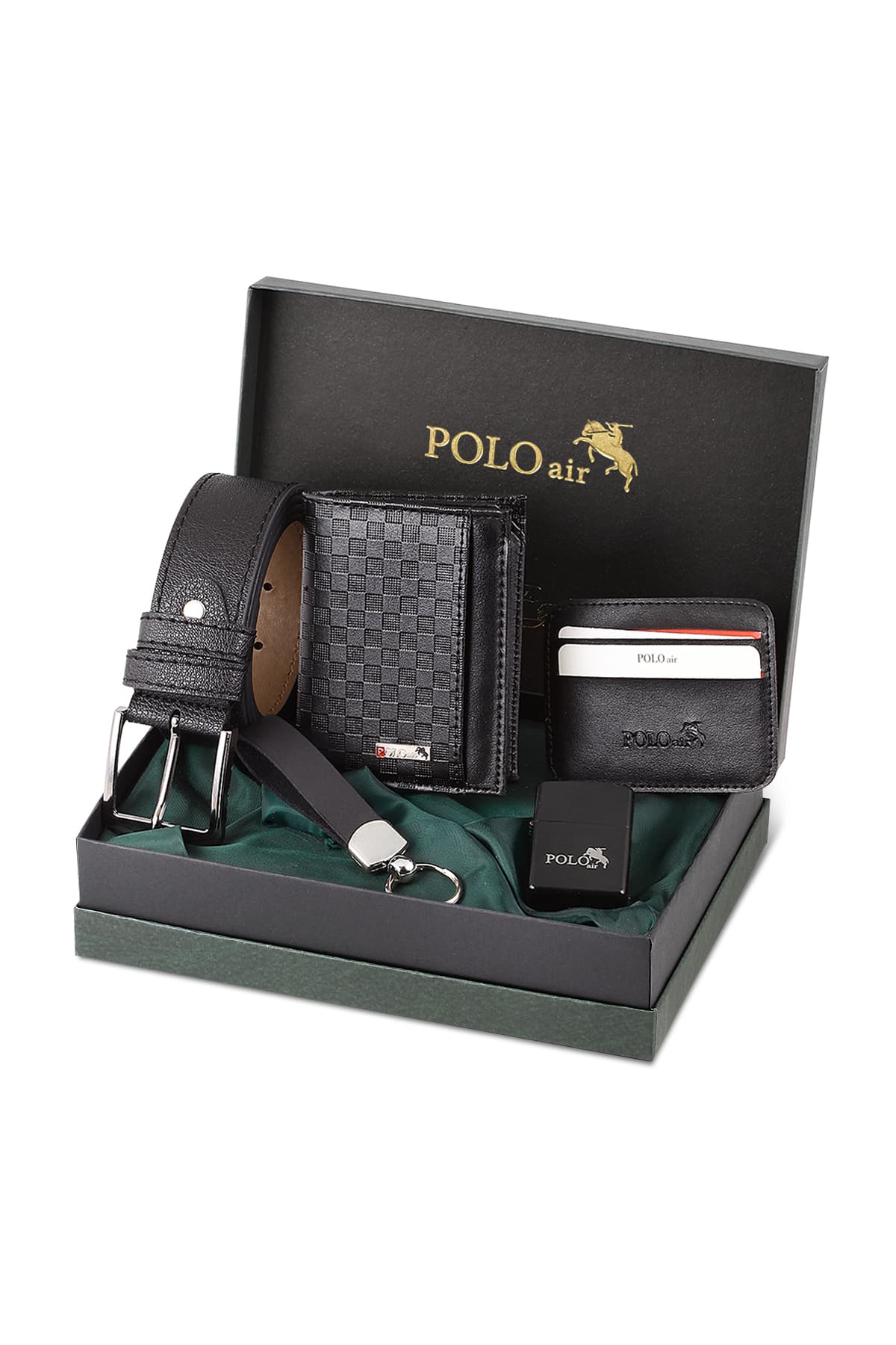 ست مردانه Poloair کیف پول کارتخور چهارخانه کمربند جاکلیدی فندک مشکی مدل CHM-13-S ست مردانه Poloair کیف پول کارتخور چهارخانه کمربند جاکلیدی فندک مشکی مدل CHM-13-S