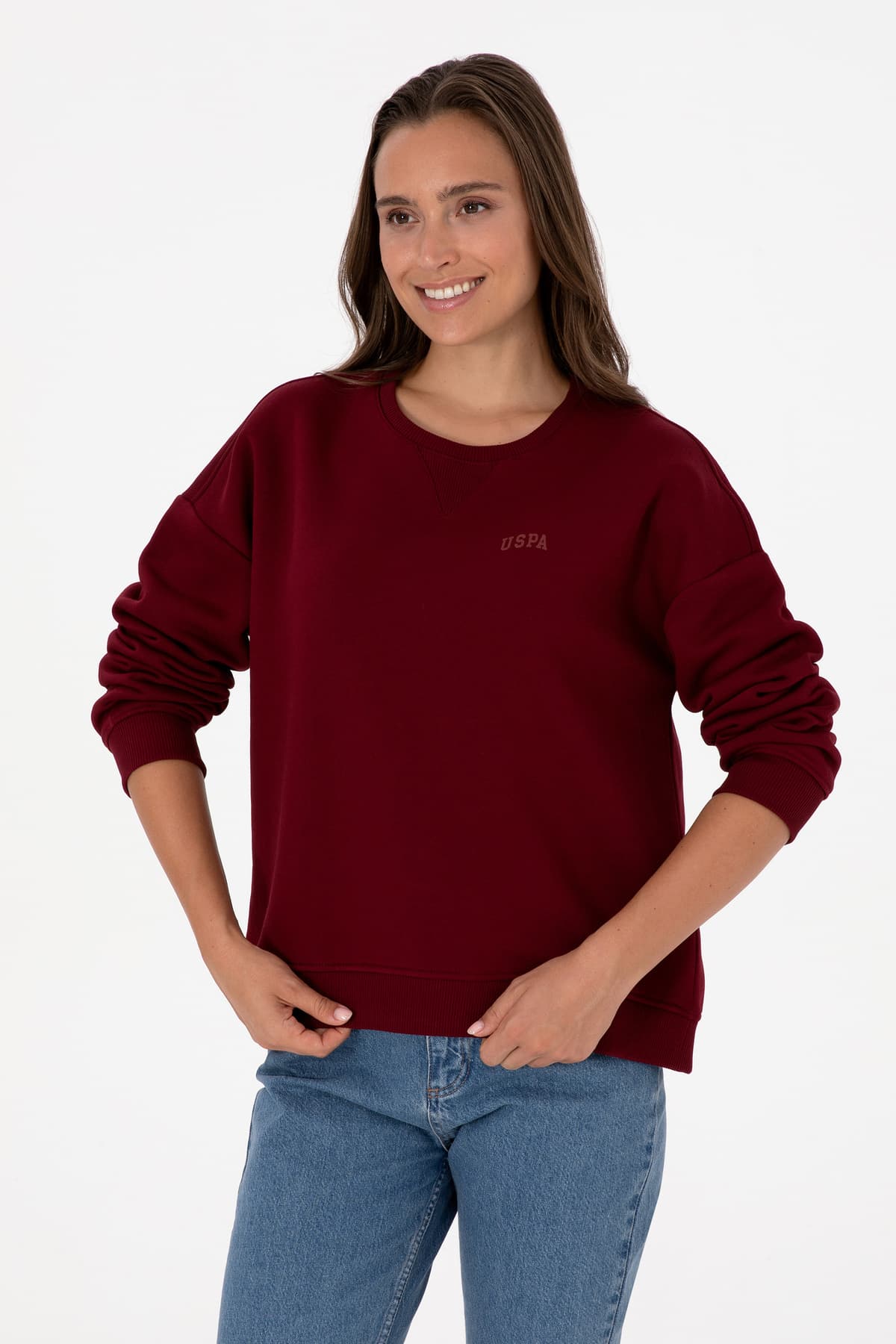 سویشرت زنانه U.S. Polo Assn. یقه گرد پرزدار زرشکی مدل 50313586-VR014 سویشرت زنانه U.S. Polo Assn. یقه گرد پرزدار زرشکی مدل 50313586-VR014