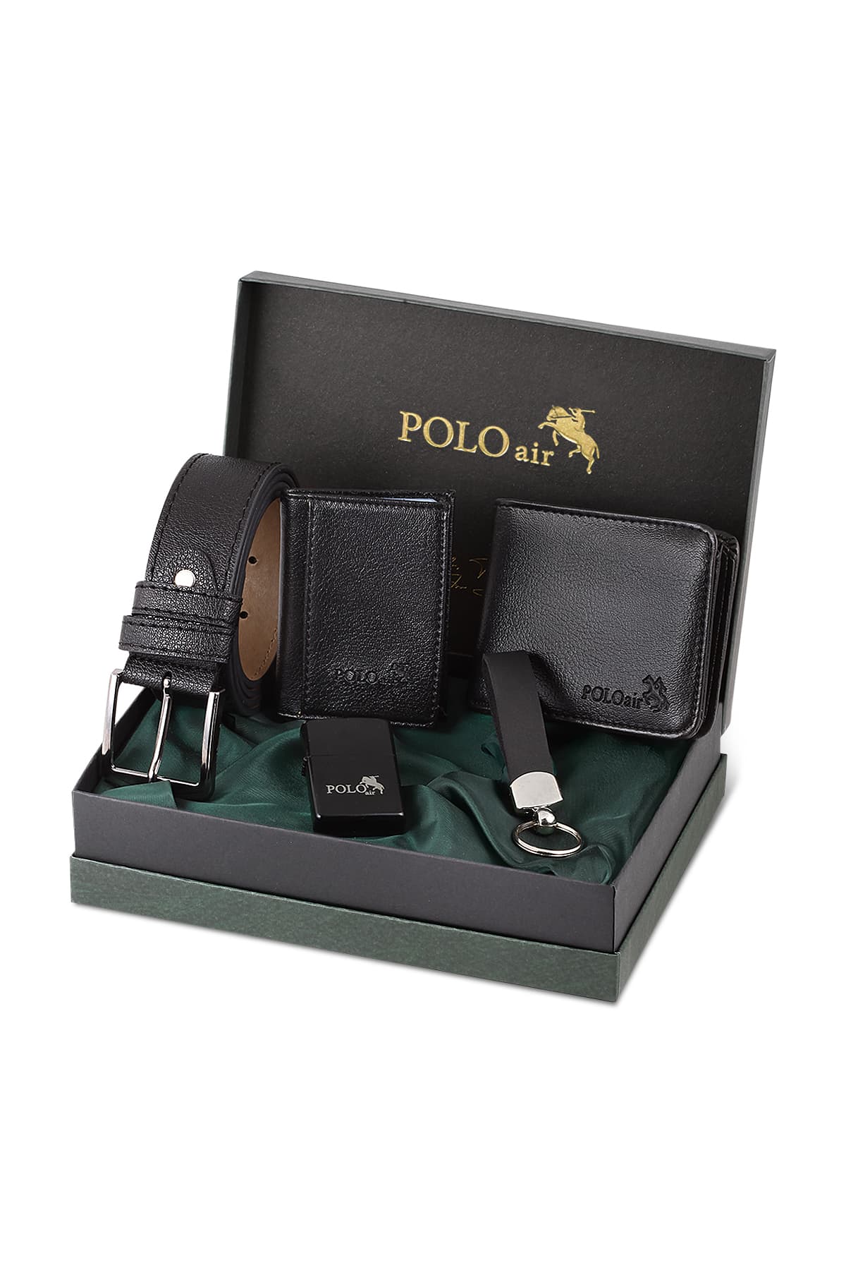 ست هدیه مردانه Poloair کمربند، کیف پول، کارتخوان، جاکلیدی و فندک مشکی مدل Sete-3012-chx ست هدیه مردانه Poloair کمربند، کیف پول، کارتخوان، جاکلیدی و فندک مشکی مدل Sete-3012-chx