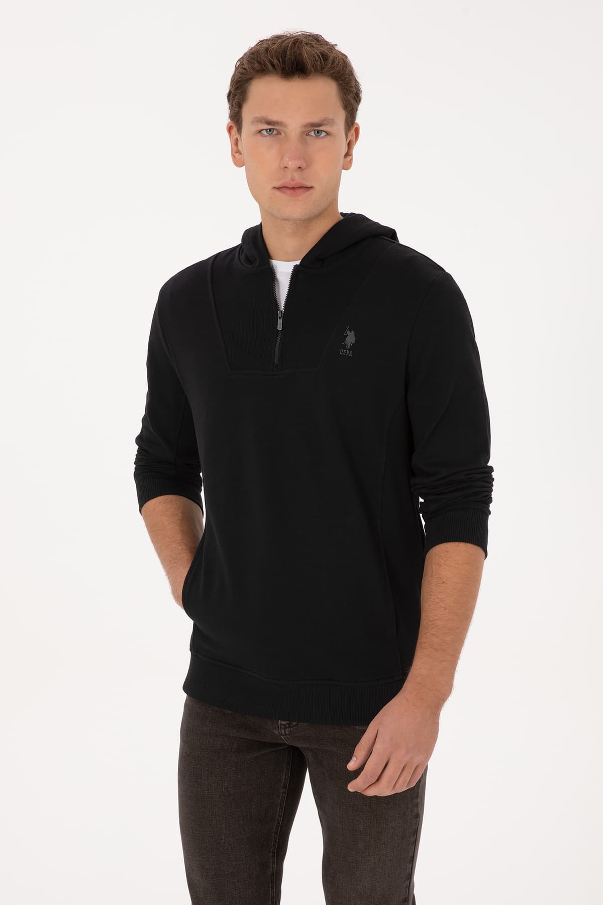سوئیشرت مردانه U.S. Polo Assn. کلاهدار نیمزیپ فیت معمولی مشکی مدل 50316391-VR046 سوئیشرت مردانه U.S. Polo Assn. کلاهدار نیمزیپ فیت معمولی مشکی مدل 50316391-VR046