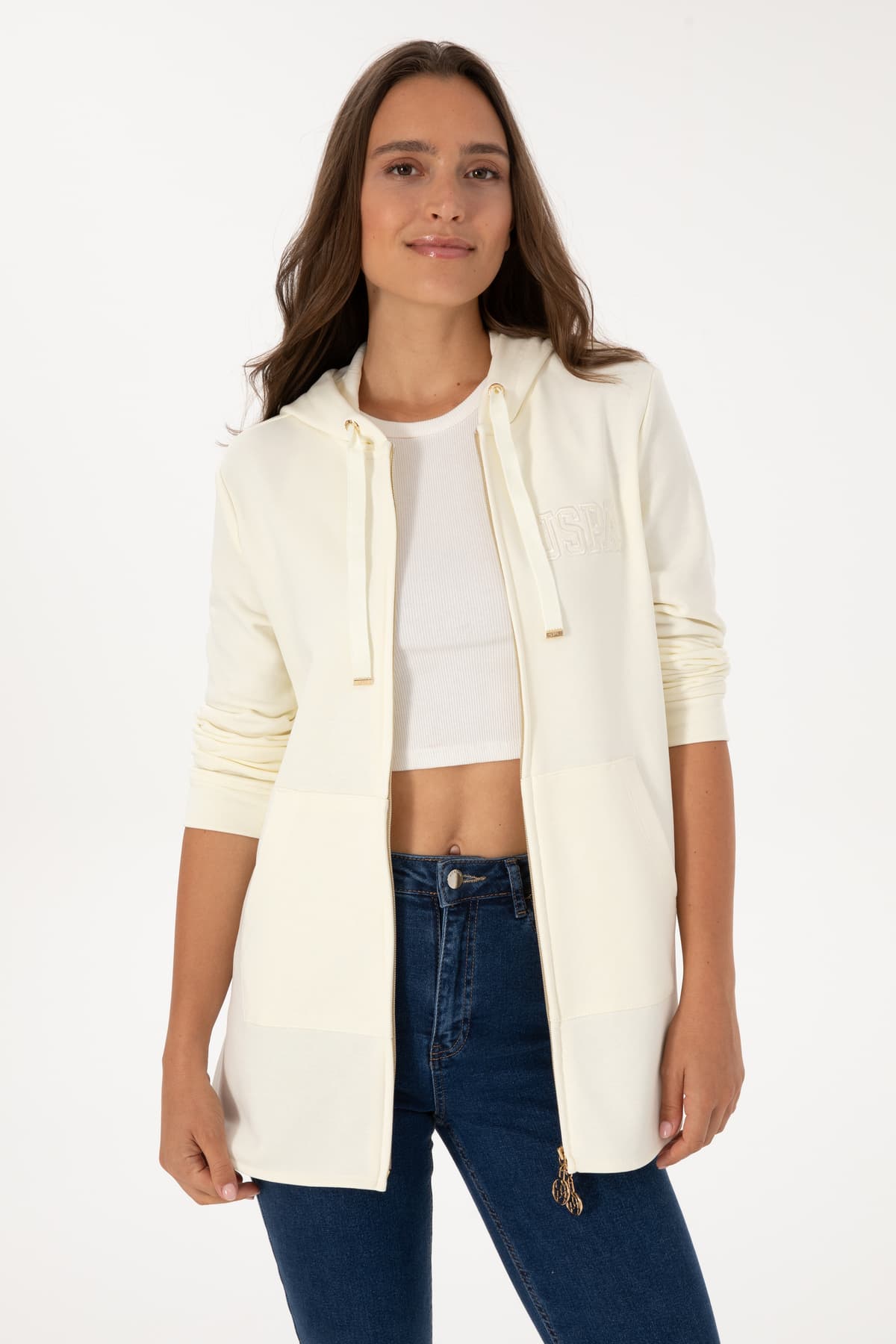 سوئیشرت زنانه U.S. Polo Assn. کرم با زیپ و کاپوت مدل 50307714-VR256 سوئیشرت زنانه U.S. Polo Assn. کرم با زیپ و کاپوت مدل 50307714-VR256