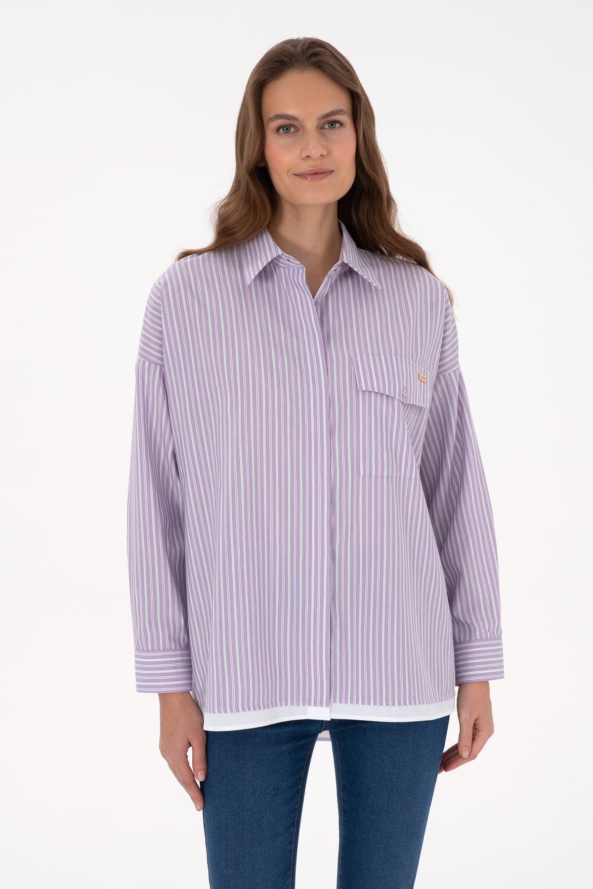 پیراهن زنانه U.S. Polo Assn. بنفش راهراه آستین بلند مدل 50316369-VR245 پیراهن زنانه U.S. Polo Assn. بنفش راهراه آستین بلند مدل 50316369-VR245