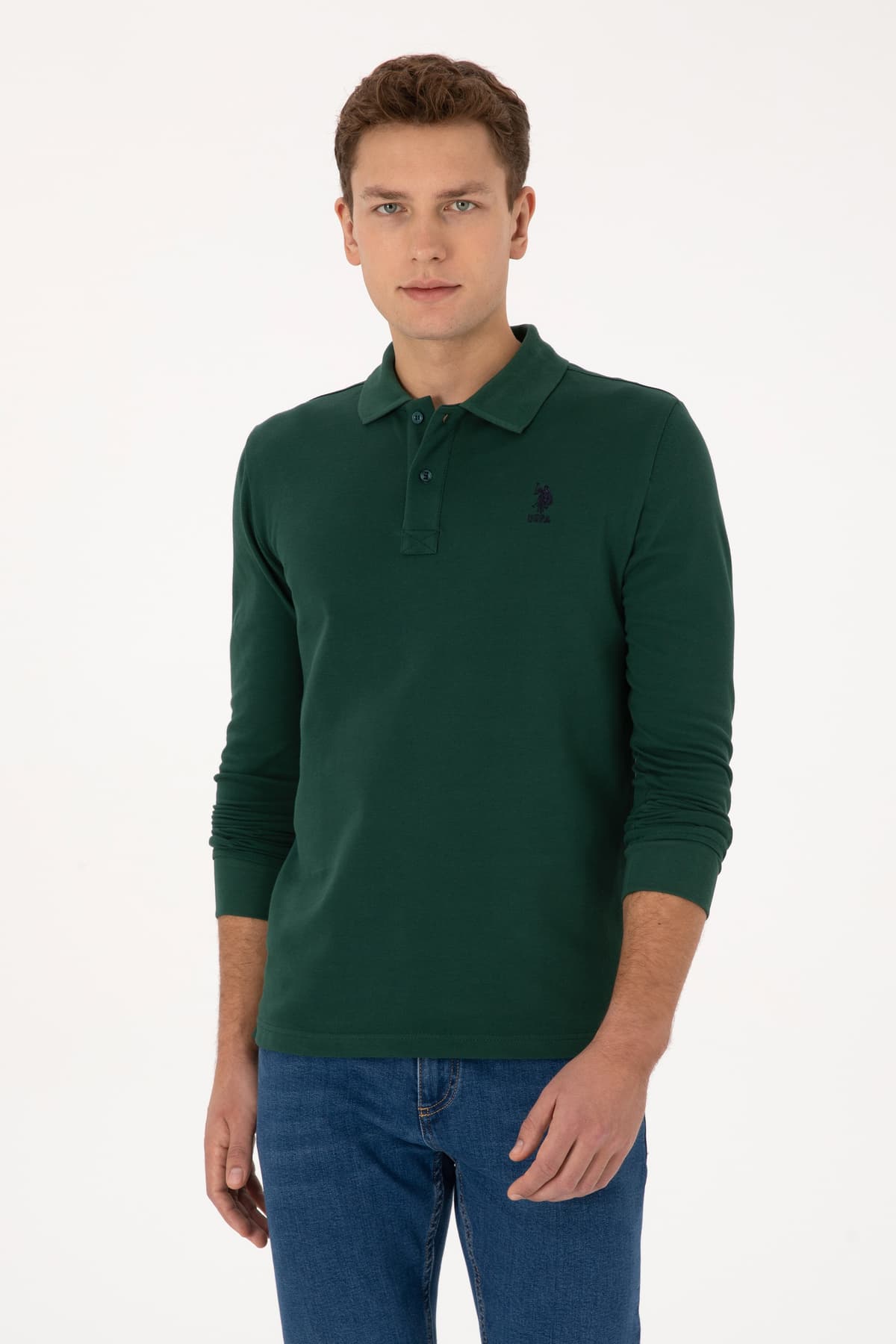 سوئیشرت مردانه U.S. Polo Assn. فیت اسلیم یقهدار سبز تیره بیسیک مدل 50307687-VR079 سوئیشرت مردانه U.S. Polo Assn. فیت اسلیم یقهدار سبز تیره بیسیک مدل 50307687-VR079