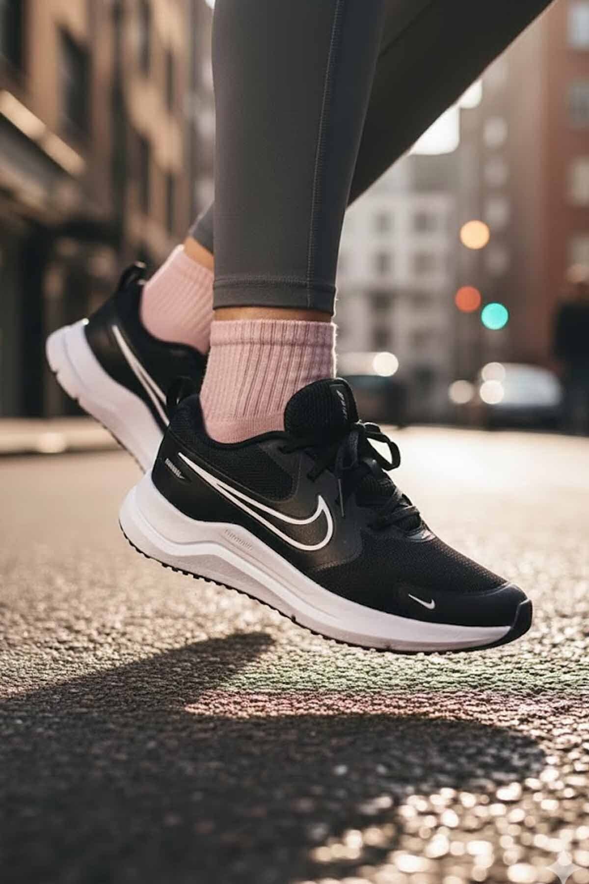 کفش ورزشی زنانه Nike مشکی بندی با پارچه بافت ساده و کف لاستیکی کفش ورزشی زنانه Nike مشکی بندی با پارچه بافت ساده و کف لاستیکی