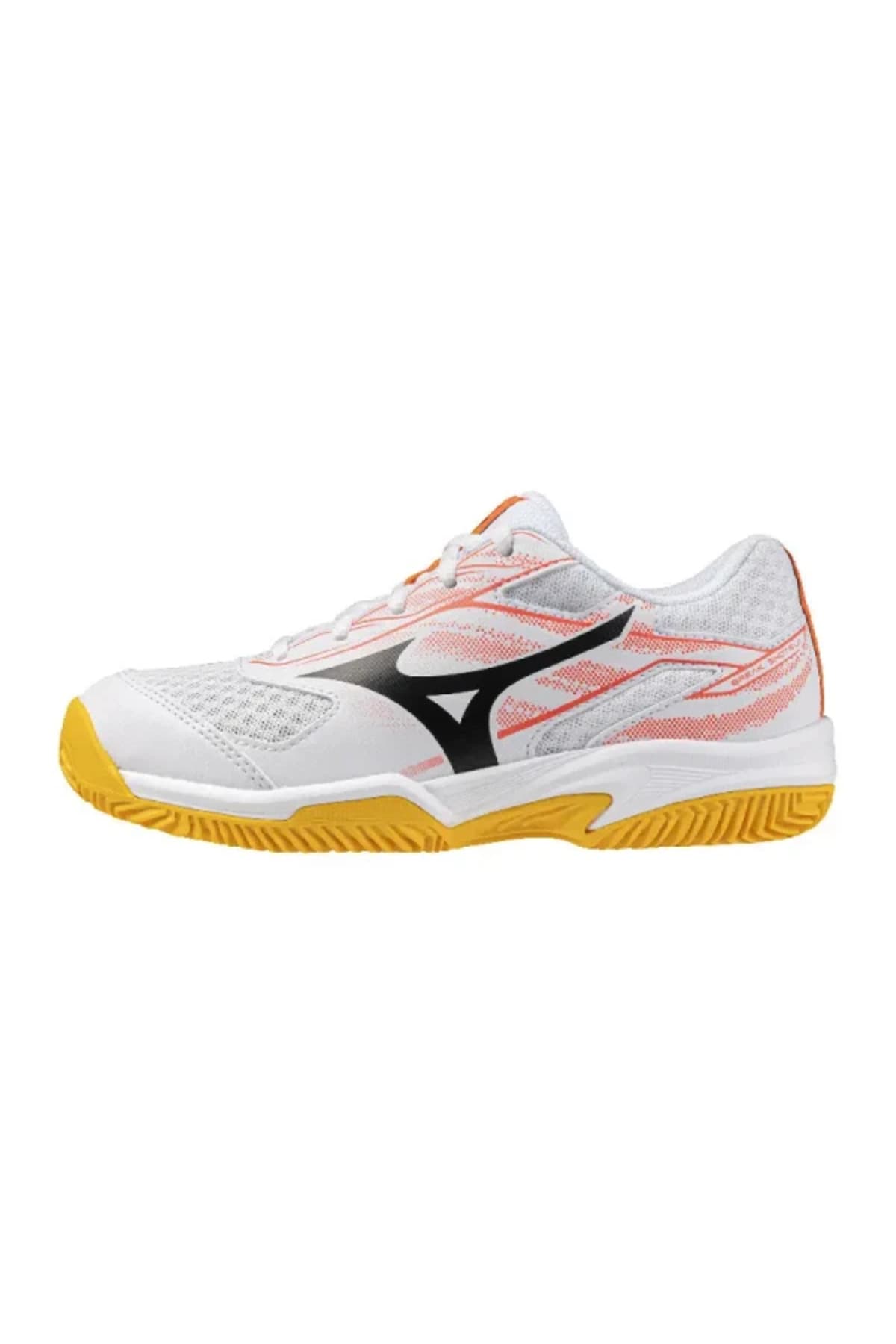 کفش تنیس بچگانه Mizuno سفید و نارنجی مدل Break Shot 5 Jr. CC کفش تنیس بچگانه Mizuno سفید و نارنجی مدل Break Shot 5 Jr. CC