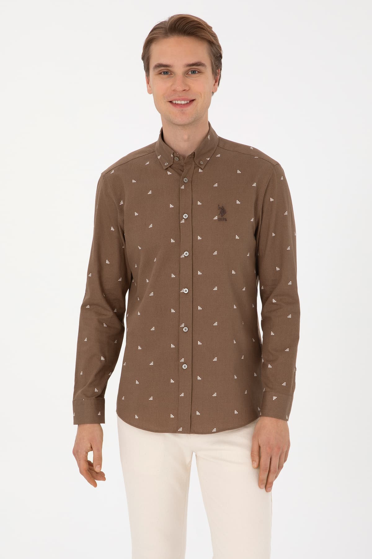 پیراهن مردانه U.S. Polo Assn. خاکی آستین بلند طرحدار مدل 50316561-VR027 پیراهن مردانه U.S. Polo Assn. خاکی آستین بلند طرحدار مدل 50316561-VR027