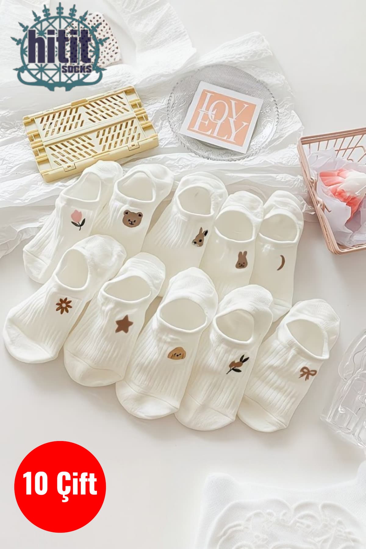 جوراب کالج نامرئی زنانه Hitit Socks طرح گل و حیوان سفید شکری 10 جفت جوراب کالج نامرئی زنانه Hitit Socks طرح گل و حیوان سفید شکری 10 جفت
