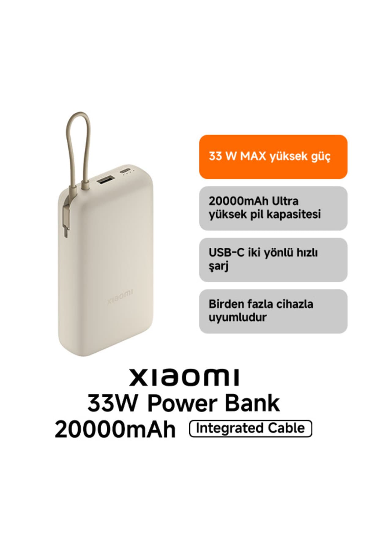 پاوربانک Xiaomi با درگاه USB و USB-C و کابل USB-C یکپارچه 20000mAh 33W مدل BHR8851GL بژ پاوربانک Xiaomi با درگاه USB و USB-C و کابل USB-C یکپارچه 20000mAh 33W مدل BHR8851GL بژ