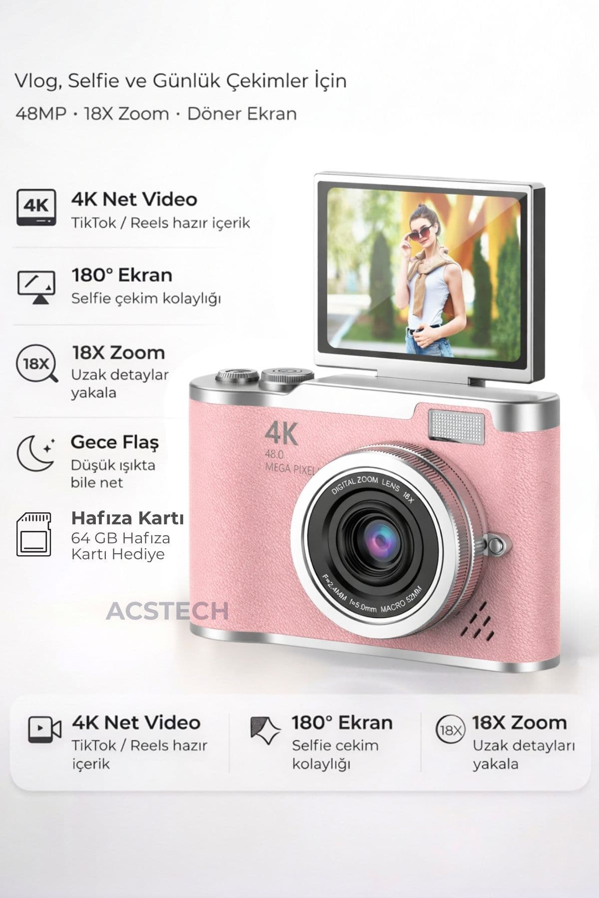 دوربین عکاسی دیجیتال 4K ACSTECH با صفحهنمایش تاشو 48MP، زوم 18X، فلاش و 64GB هدیه، منوی ترکی دوربین عکاسی دیجیتال 4K ACSTECH با صفحهنمایش تاشو 48MP، زوم 18X، فلاش و 64GB هدیه، منوی ترکی