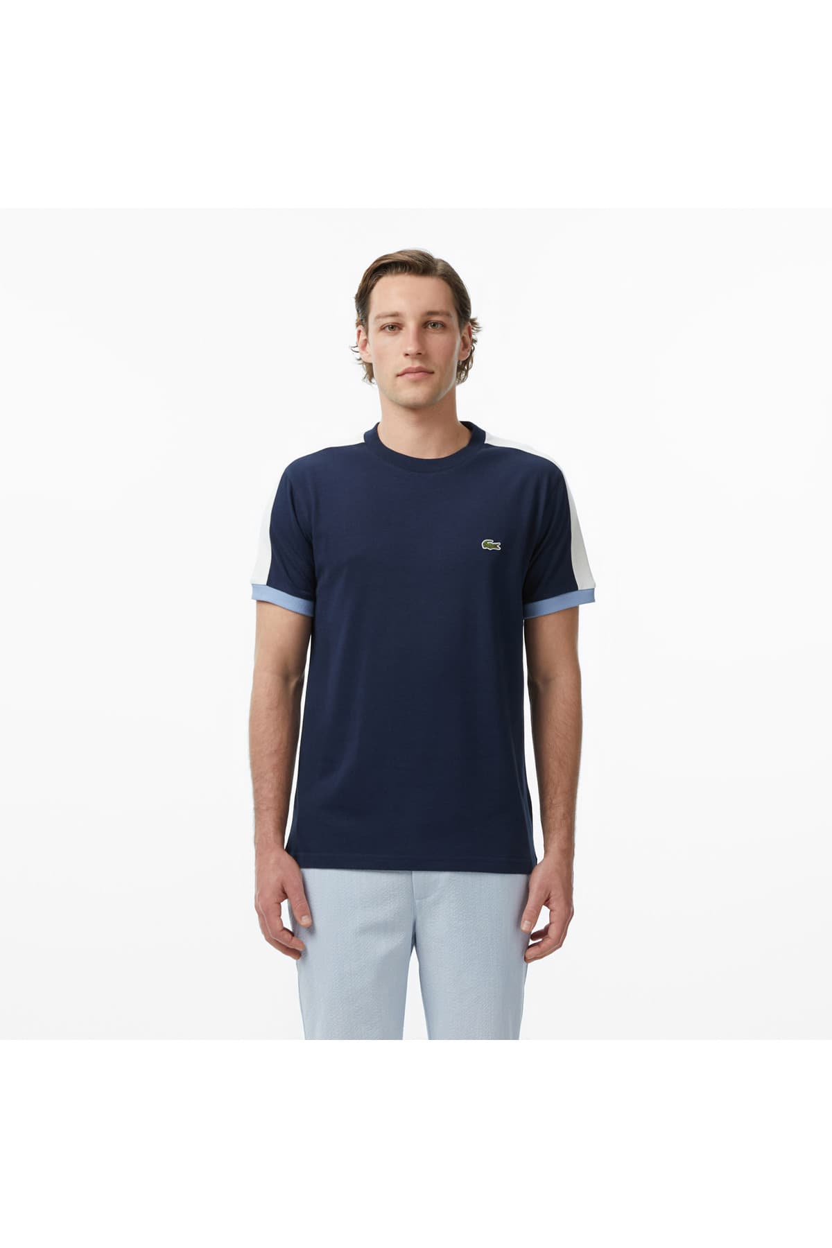 تیشرت مردانه Lacoste فیت معمولی یقه گرد رنگبلوکی سرمهای تیشرت مردانه Lacoste فیت معمولی یقه گرد رنگبلوکی سرمهای
