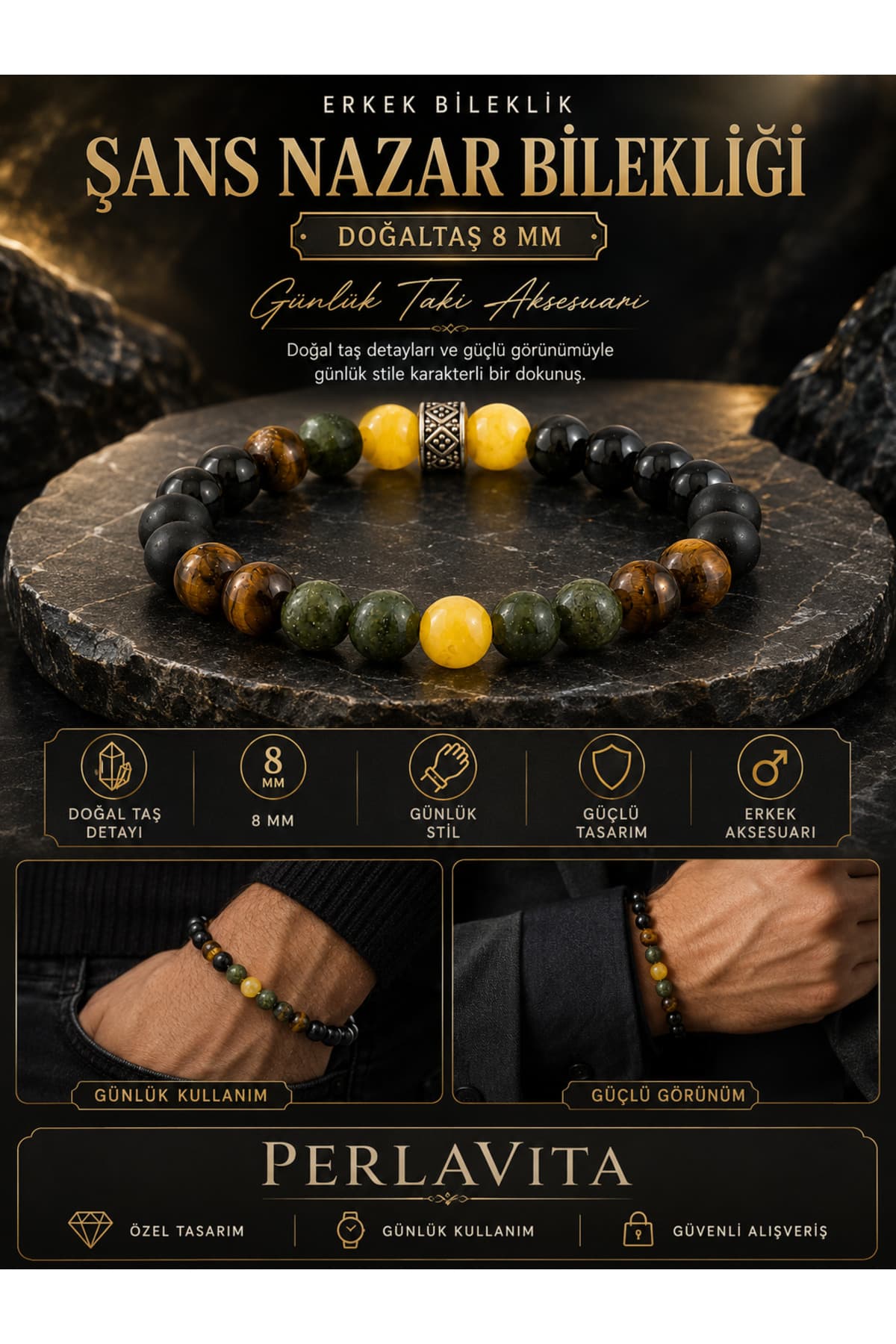 دستبند مردانه ESK KEHRİBAR با جزئیات سنگ طبیعی شانس و نظر 8 mm دستبند مردانه ESK KEHRİBAR با جزئیات سنگ طبیعی شانس و نظر 8 mm