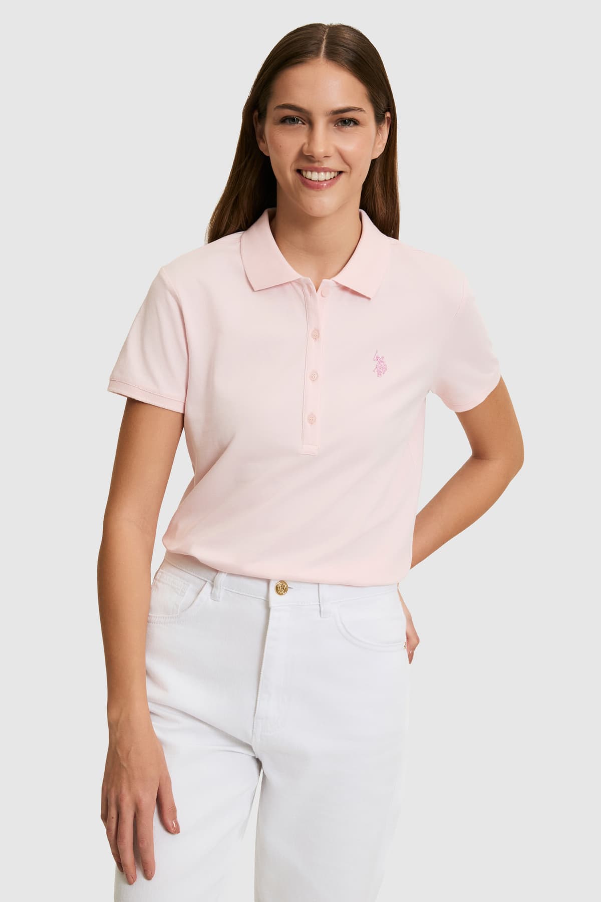 تیشرت زنانه یقه پولو U.S. Polo Assn. صورتی روشن ساده مدل 50321818-VR078 تیشرت زنانه یقه پولو U.S. Polo Assn. صورتی روشن ساده مدل 50321818-VR078