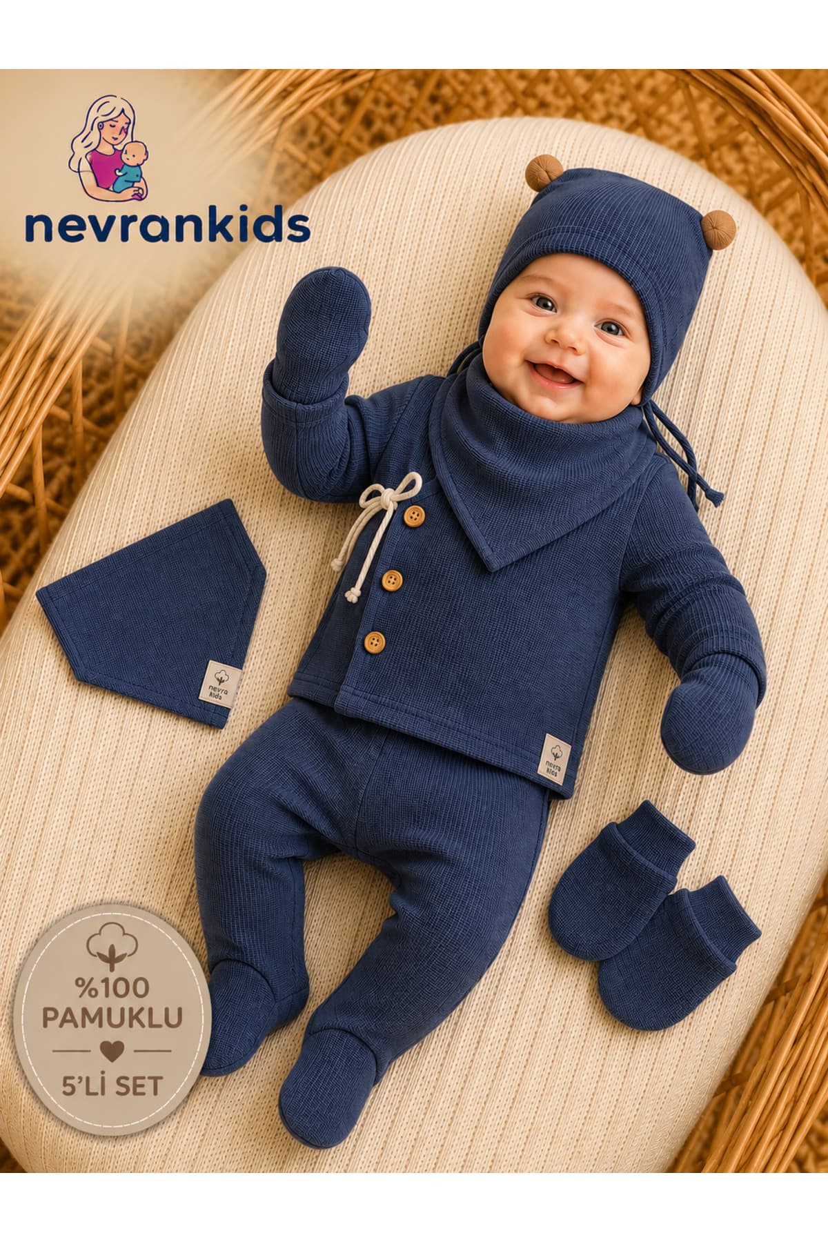 ست ۵ تکه لباس نوزادی nevrankids بافت وافل بنددار با دکمه نارگیلی ست ۵ تکه لباس نوزادی nevrankids بافت وافل بنددار با دکمه نارگیلی