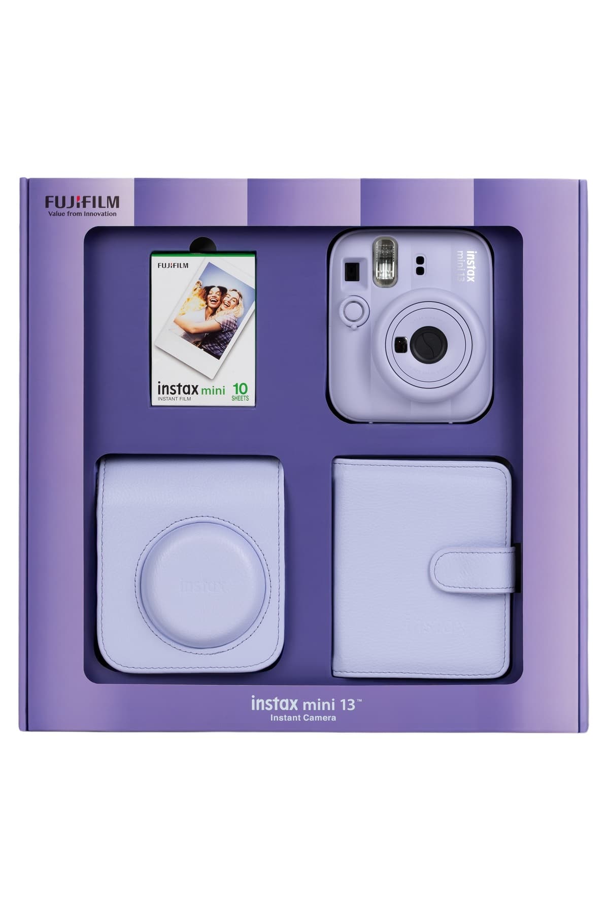 دوربین عکاسی Fujifilm Instax mini 13 بنفش با فیلم 10تایی، آلبوم عکس مربعی و کیف چرمی دوربین عکاسی Fujifilm Instax mini 13 بنفش با فیلم 10تایی، آلبوم عکس مربعی و کیف چرمی