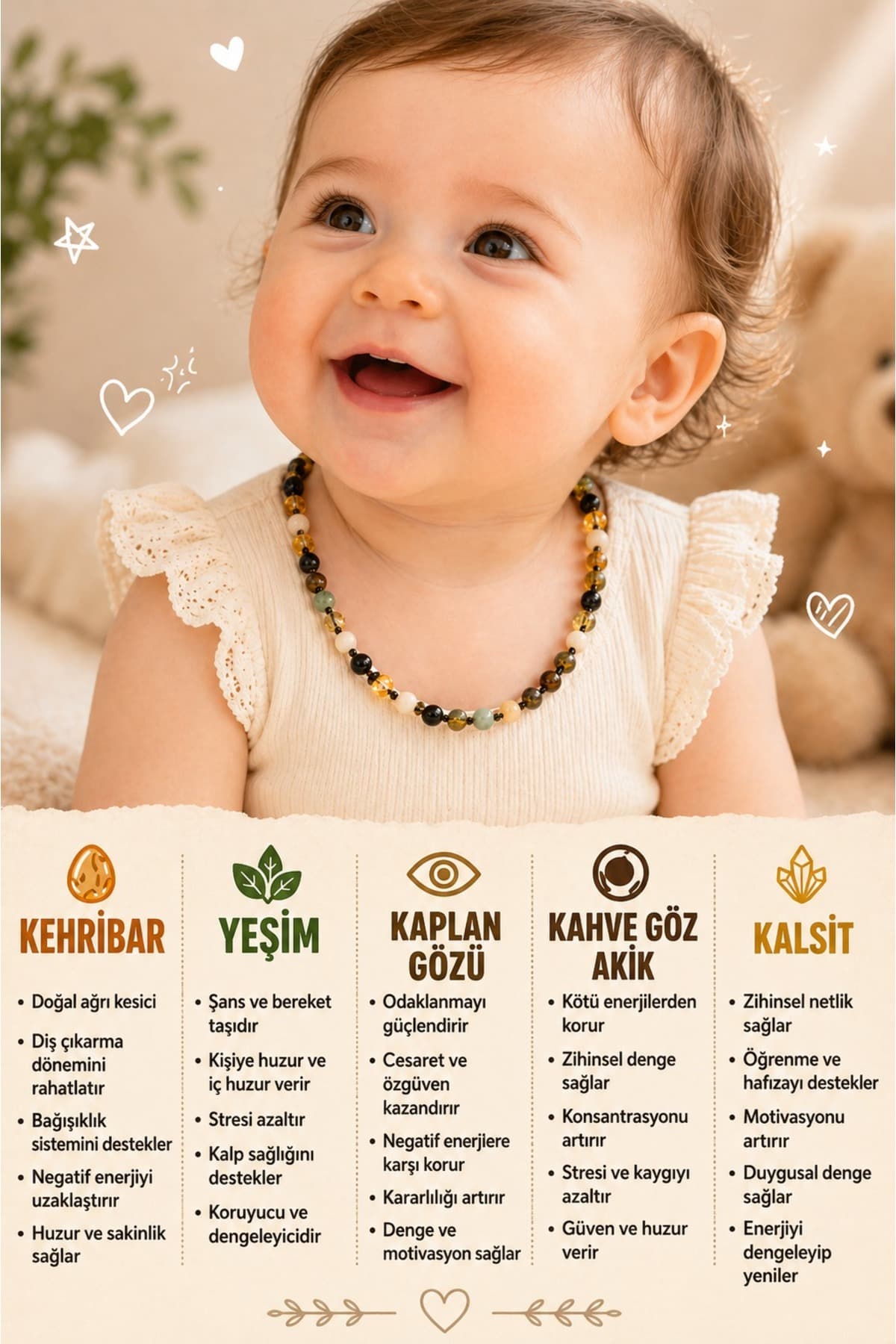 گردنبند نوزاد OSMANLI DOĞAL TAŞ اصل و دارای گواهی با کهربا، یشم، چشم ببر، عقیق چشم قهوهای و کلسیت گردنبند نوزاد OSMANLI DOĞAL TAŞ اصل و دارای گواهی با کهربا، یشم، چشم ببر، عقیق چشم قهوهای و کلسیت