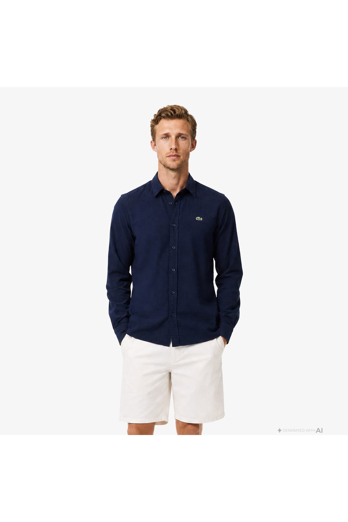 پیراهن کرم مردانه Lacoste با یقه دکمهای و فیت معمولی پیراهن کرم مردانه Lacoste با یقه دکمهای و فیت معمولی