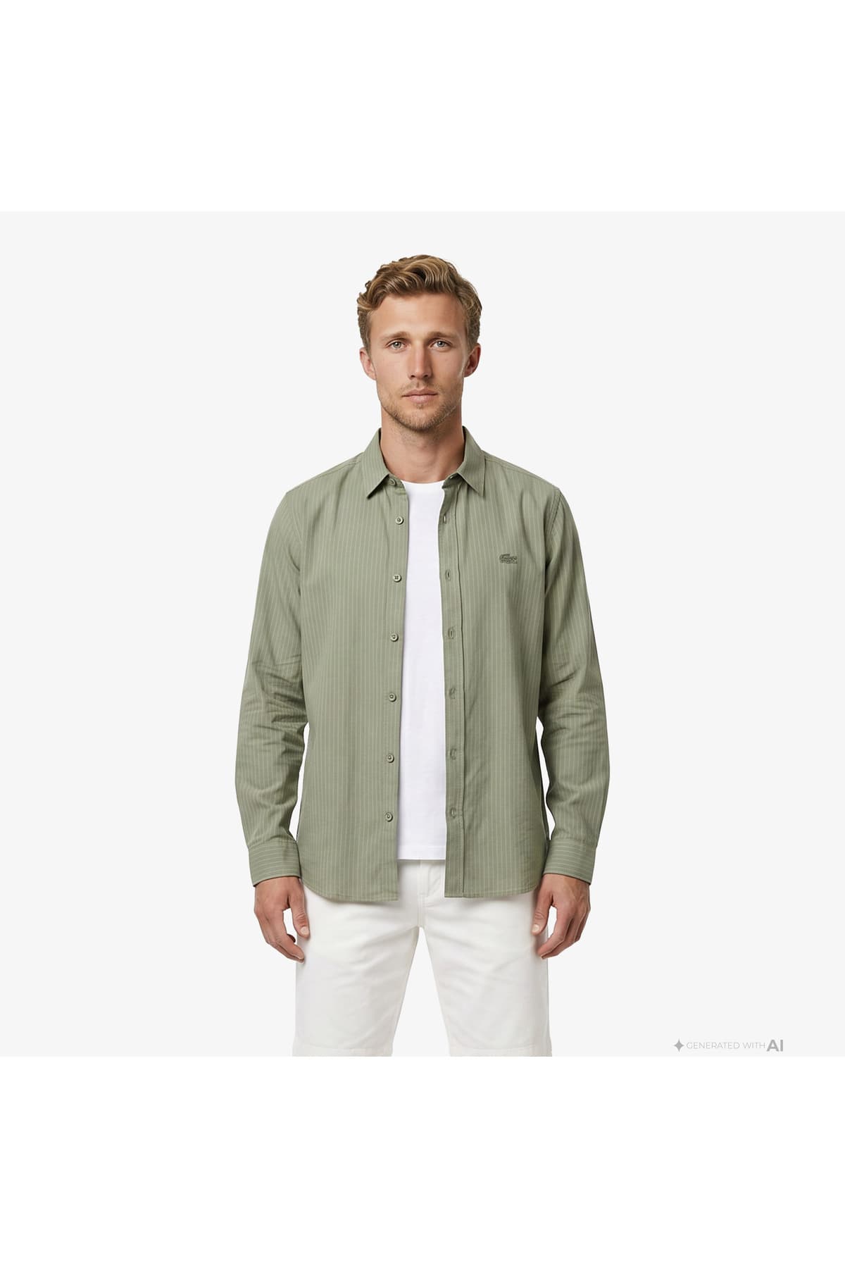 پیراهن مردانه Lacoste یقه دکمهدار راهراه خاکی فیت معمولی پیراهن مردانه Lacoste یقه دکمهدار راهراه خاکی فیت معمولی