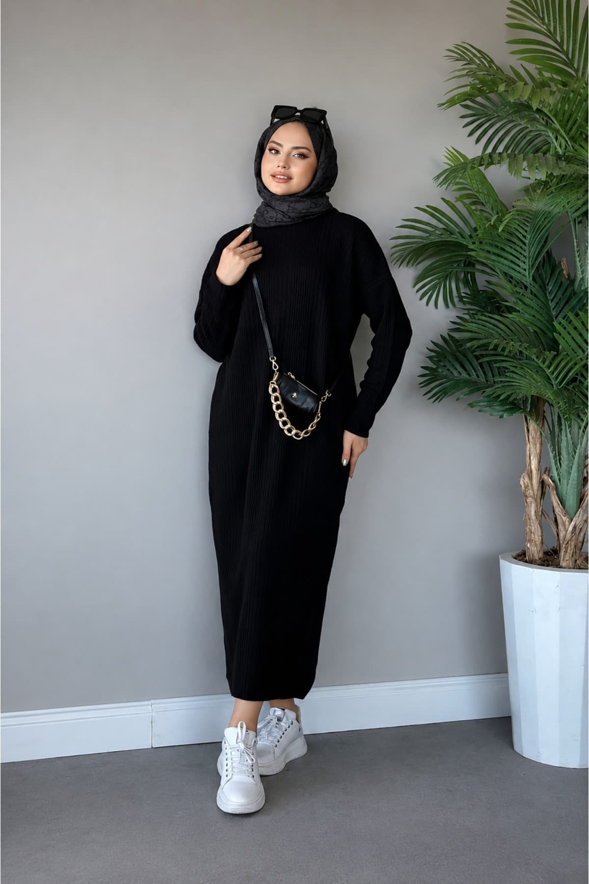 پیراهن بافت Gülce moda شیاردار مشکی پیراهن بافت Gülce moda شیاردار مشکی